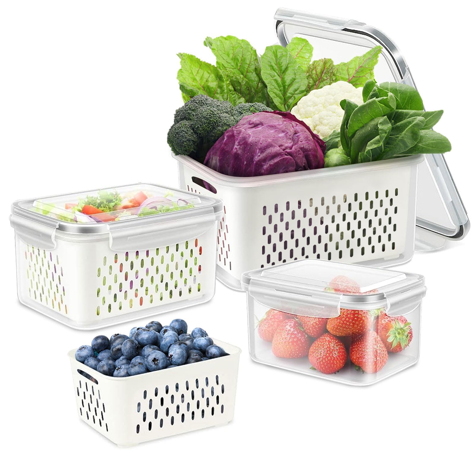 Fresh Food Storage Containers, 3 Pack Large Capacity Produce Saver Box with Drain Baskets & Lid for Vegetable and Fruit - BPA Free Stackable Refrigerator Organizer for Kitchen (0.8L+1.7L+3.15L)