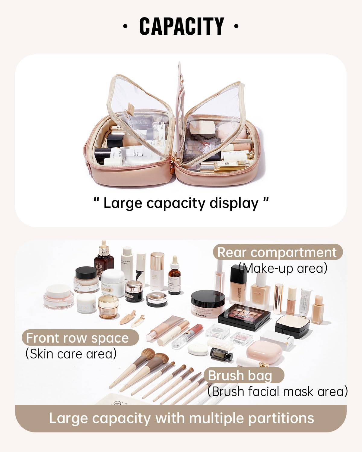 EACHY Travel Makeup Bag,Large Capacity Cosmetic Bags for Women,Waterproof Portable Pouch Open Flat Toiletry Bag Make up Organizer with Divider and Handle