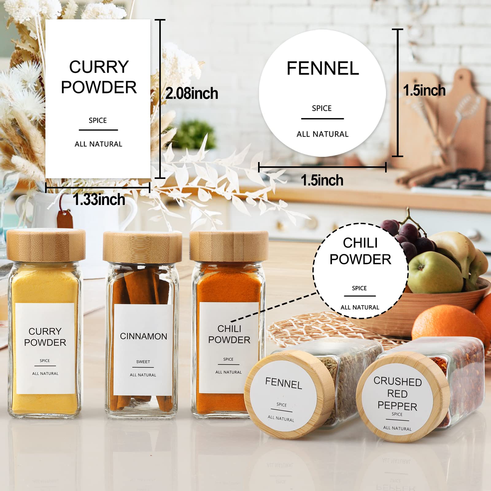 AISIPRIN 24 Pcs Glass Spice Jars with Bamboo Airtight Lids and 398 Labels, 4oz Empty Square Containers Seasoning Storage Bottles - Shaker Lids, Funnel, Brush and Marker Included