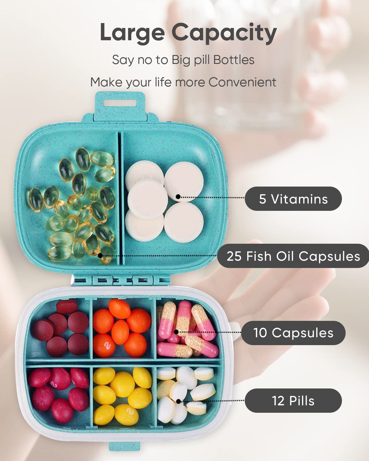 Holii Travel Pill Organizer, 8 Compartments Portable Pill Case, Daily Pill Box to Hold Vitamins, Small Pill Container for Pocket Purse Medicine Organizer(Khaki)