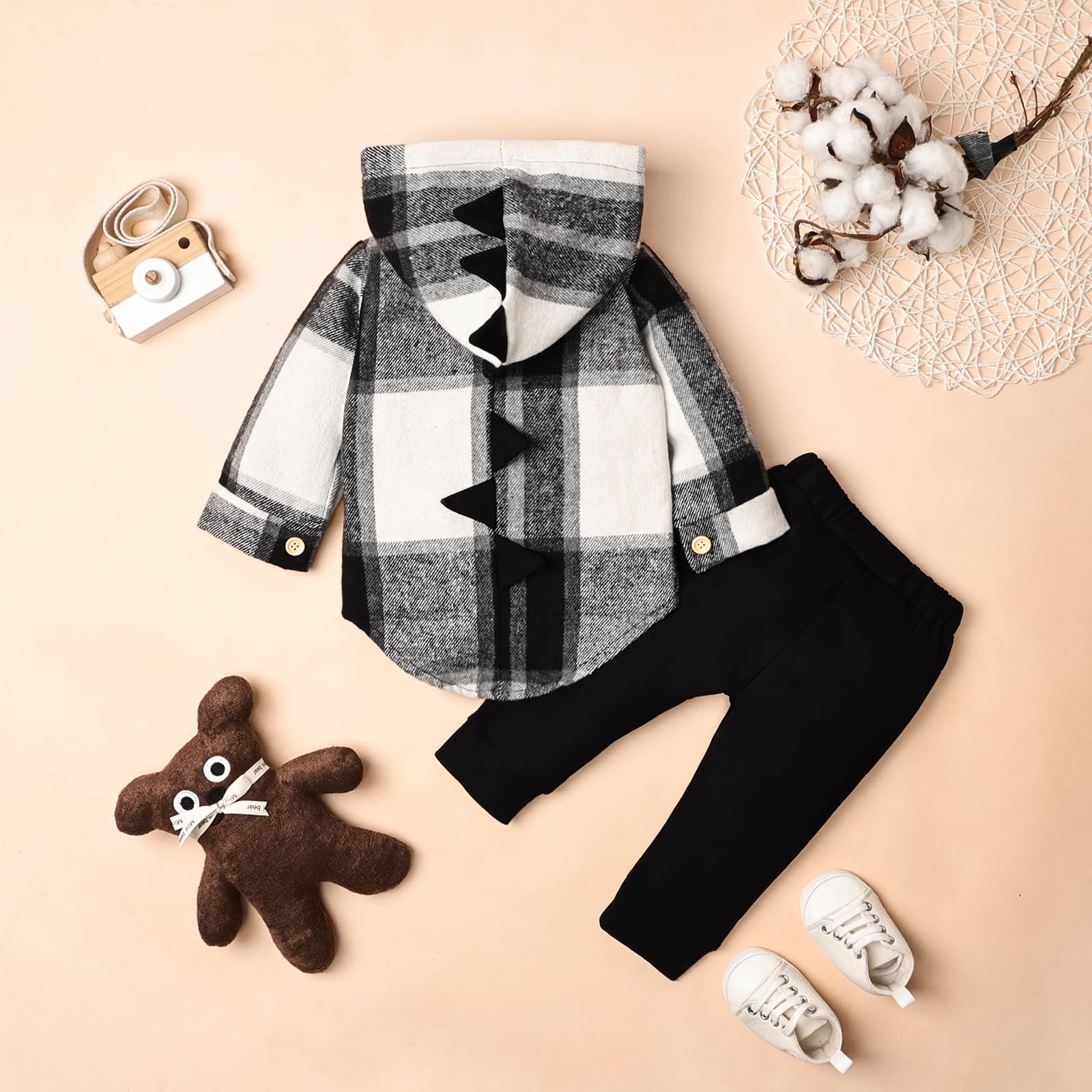 Toddler Baby Boy Clothes Long Sleeve Dinosaur Plaid Hoodie Sweatshirt + Pocket Pants Set 6 Months-4 Years
