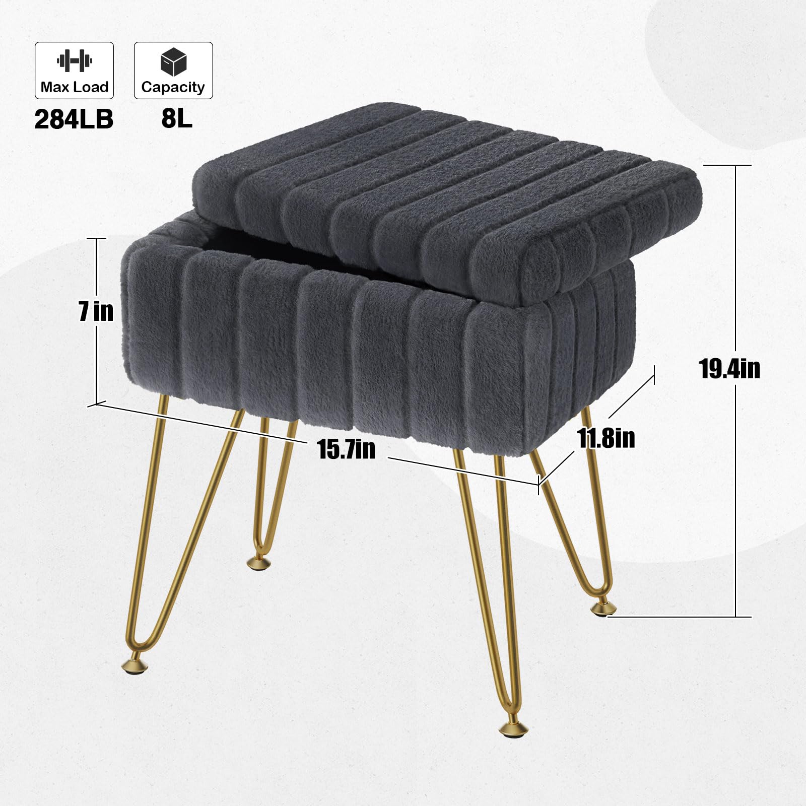Greenstell Vanity Stool Chair Faux Fur with Storage, 19.4" H x 15.7" L x 11.8" W Soft Ottoman 4 Metal Legs with Anti-Slip Feet, Furry Padded Seat, Modern Multifunctional Chairs for Makeup, Bedroom