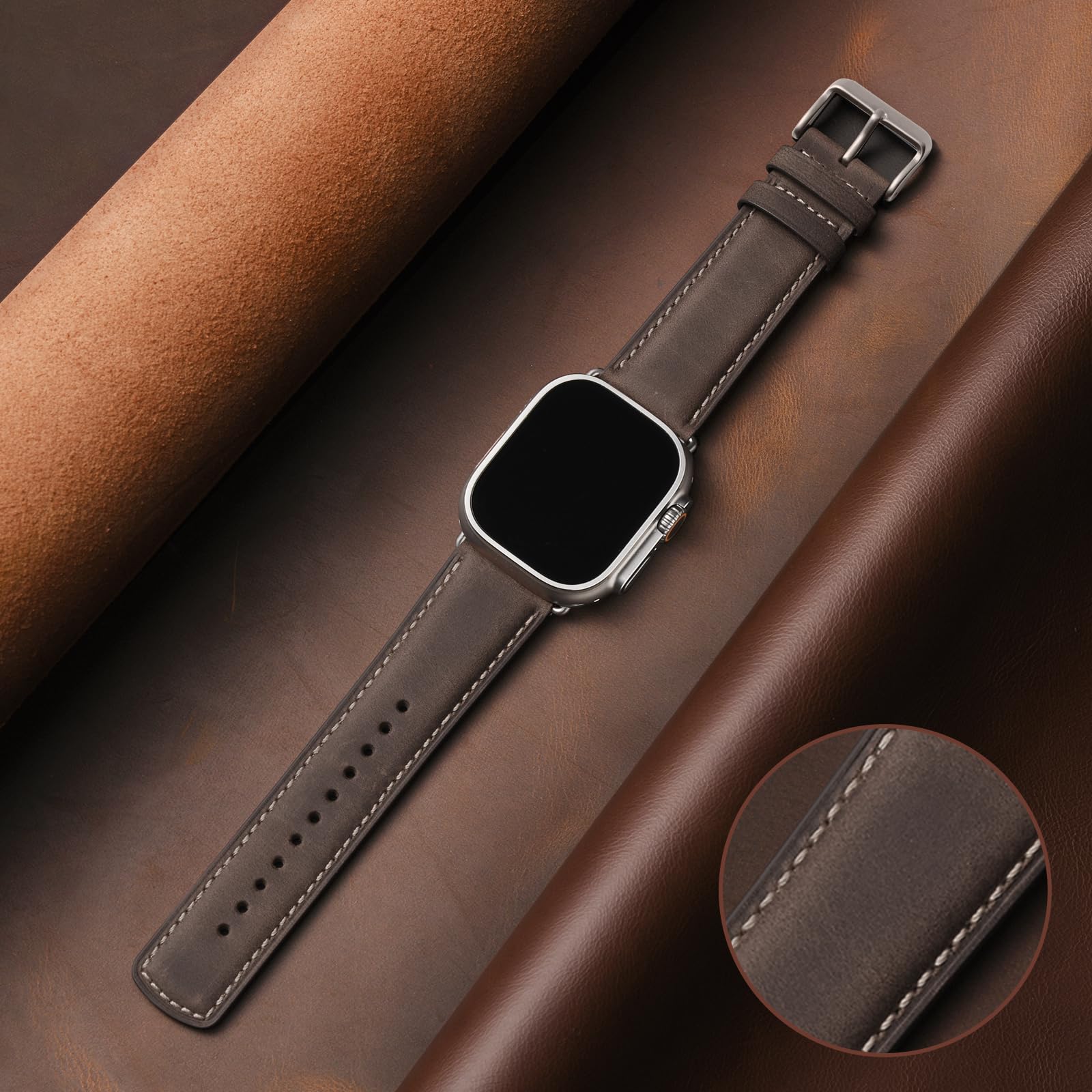 Bestig Compatible with Apple Watch Band 49mm 46mm 45mm 44mm 42mm(Series 3 2 1) Apple Watch Leather Bands Genuine Leather for iWatch Strap Ultra Series 10 9 8 7 6 5 4 SE Women Man-Redbrown/Black