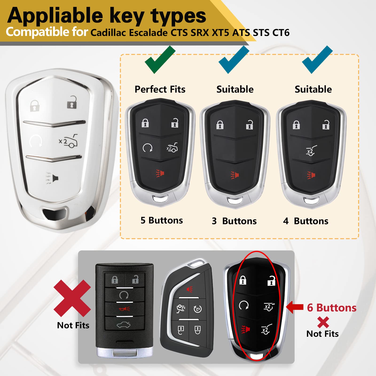 Cadillac Key Fob Cover with Metal Braided Rope Keychain, Upgraded Soft Key Case for 2015-2019 Escalade CTS SRX XT5 ATS STS CT6 (5 Button) (Gold Edge)