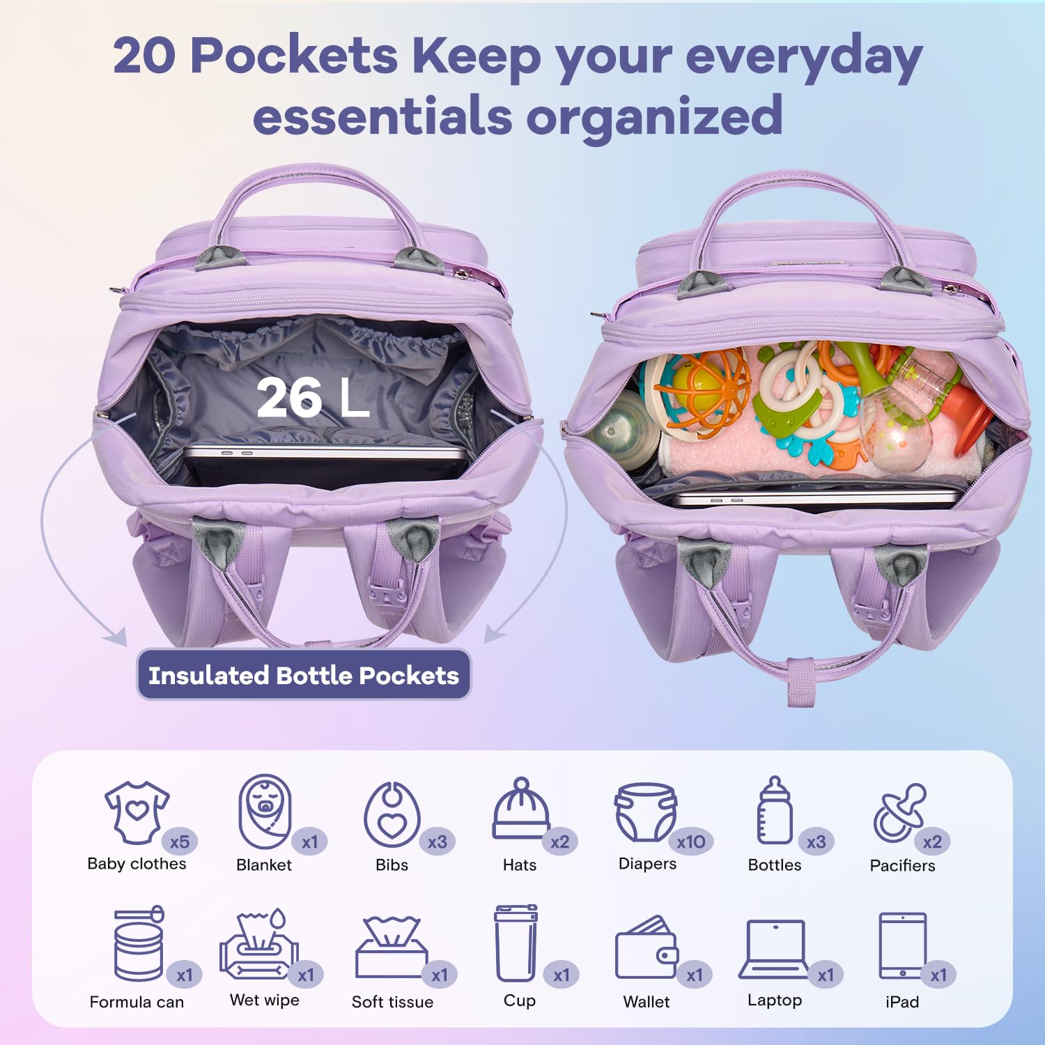 RUVALINO Diaper Bag Backpack, Multifunction Travel Pack Maternity Baby Changing Bags, Large Capacity, Waterproof, Beige