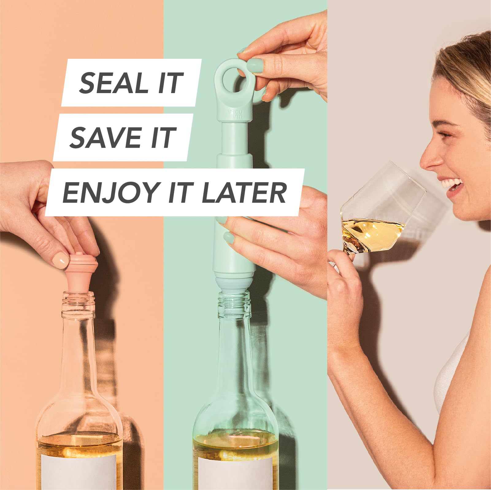 Vacu Vin Wine Saver Loop - Designed and Made in the Netherlands - Vacuum Wine Stopper Keeps Your Wine Fresh for up to 10 Days - Reusable, Made with 98% Recycled Material - 1 Pump, 1 Stopper, Sand