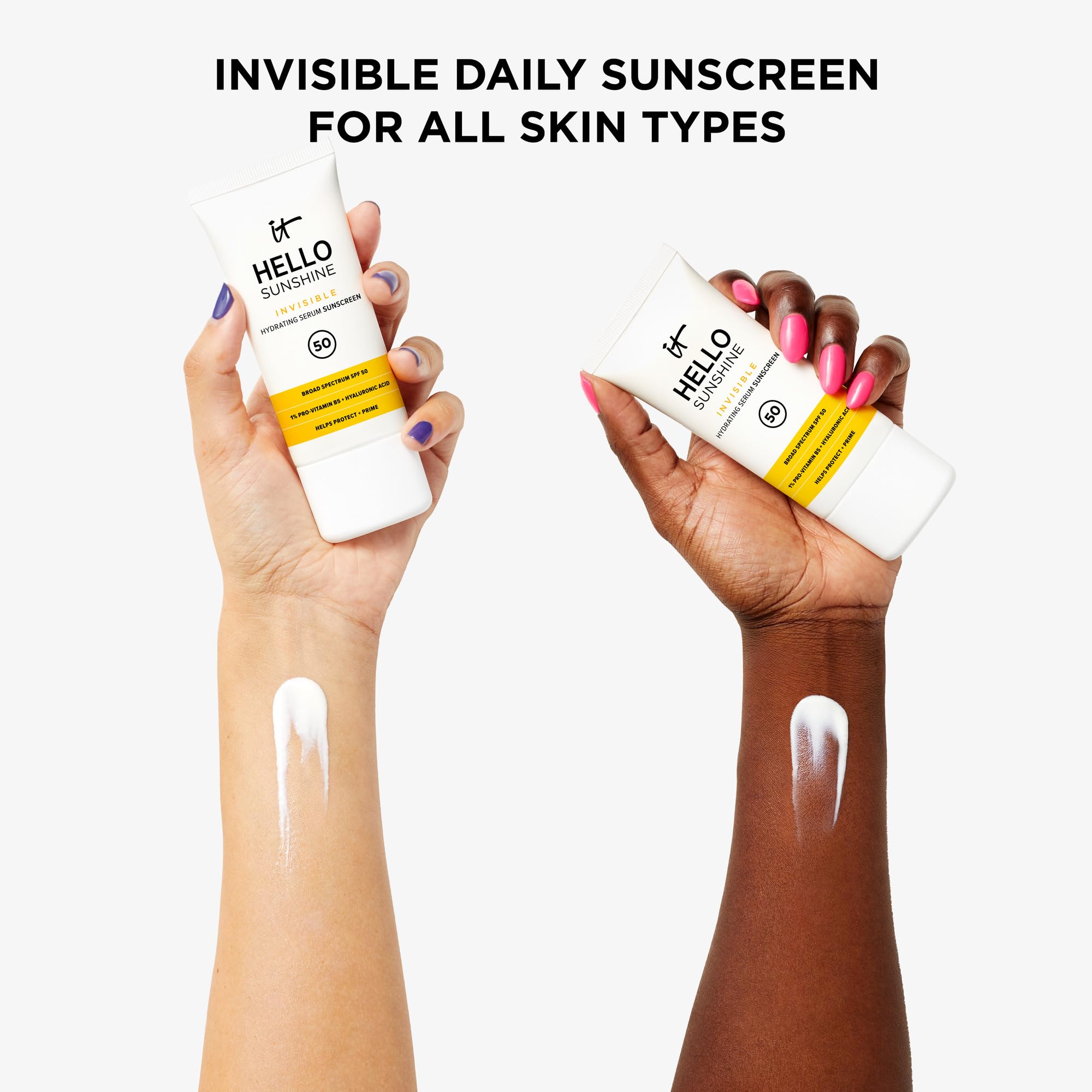 IT Cosmetics Hello Sunshine Invisible Sunscreen for Face SPF 50 - Sunscreen, Hydrating Serum & Makeup Primer - 1% Pro-Vitamin B5 & Hyaluronic Acid - HSA/FSA Eligible - No White Cast - 1.69 fl oz