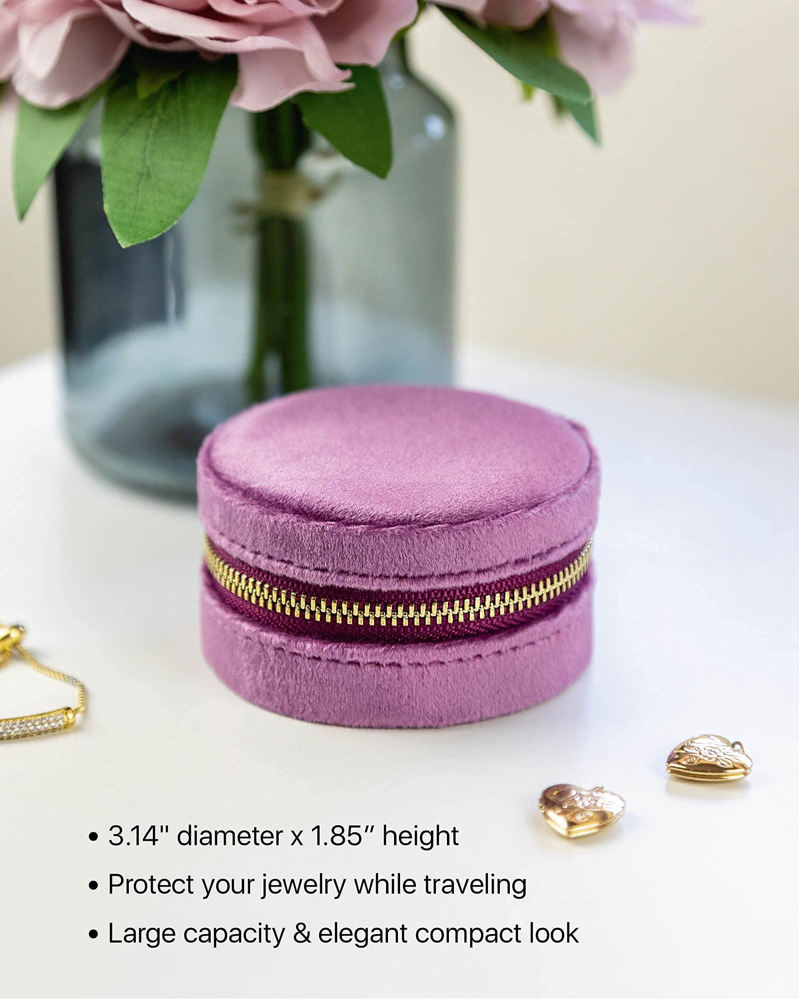 Benevolence LA Plush Velvet Travel Jewelry Storage Box | Travel Jewelry Case Small Jewelry Box for Women | Jewelry Travel Organizer | Earring Organizer with Mirror - Dusty Pink