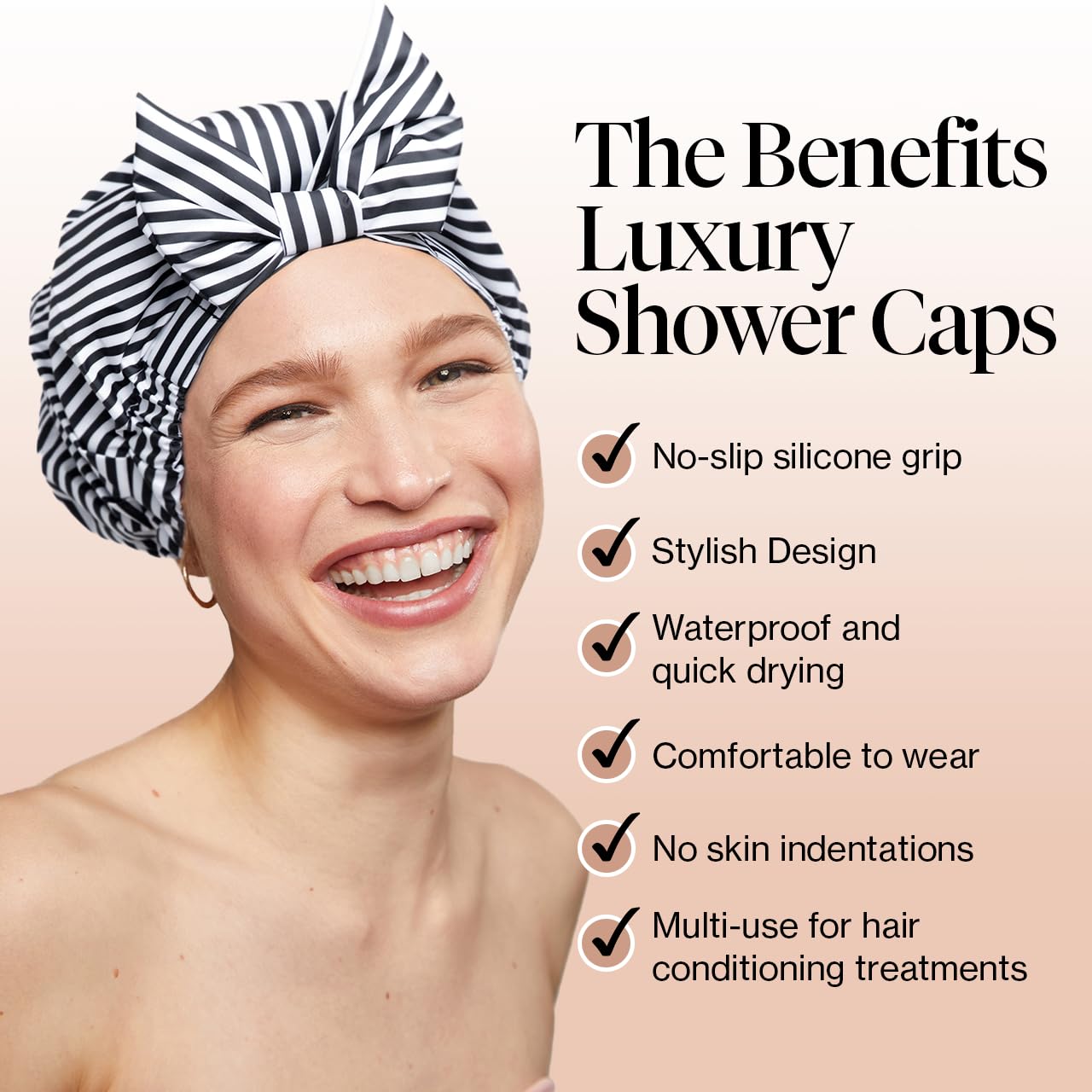 Kitsch Luxury Shower Cap for Women - Reusable Shower Cap for Long Hair with Non Slip Silicon Grip | Waterproof Hair Cap for Shower with One Size Fits Most | Stylish Hair Cover for Shower (Blush Dot)