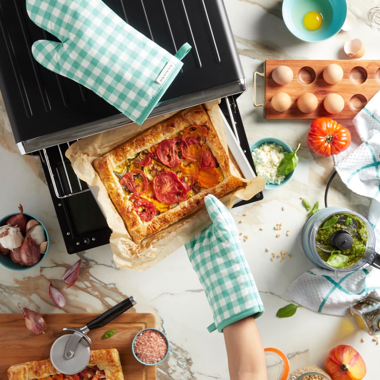 KitchenAid Gingham Oven Mitt 2-Pack Set, Milkshake, 7"x13"