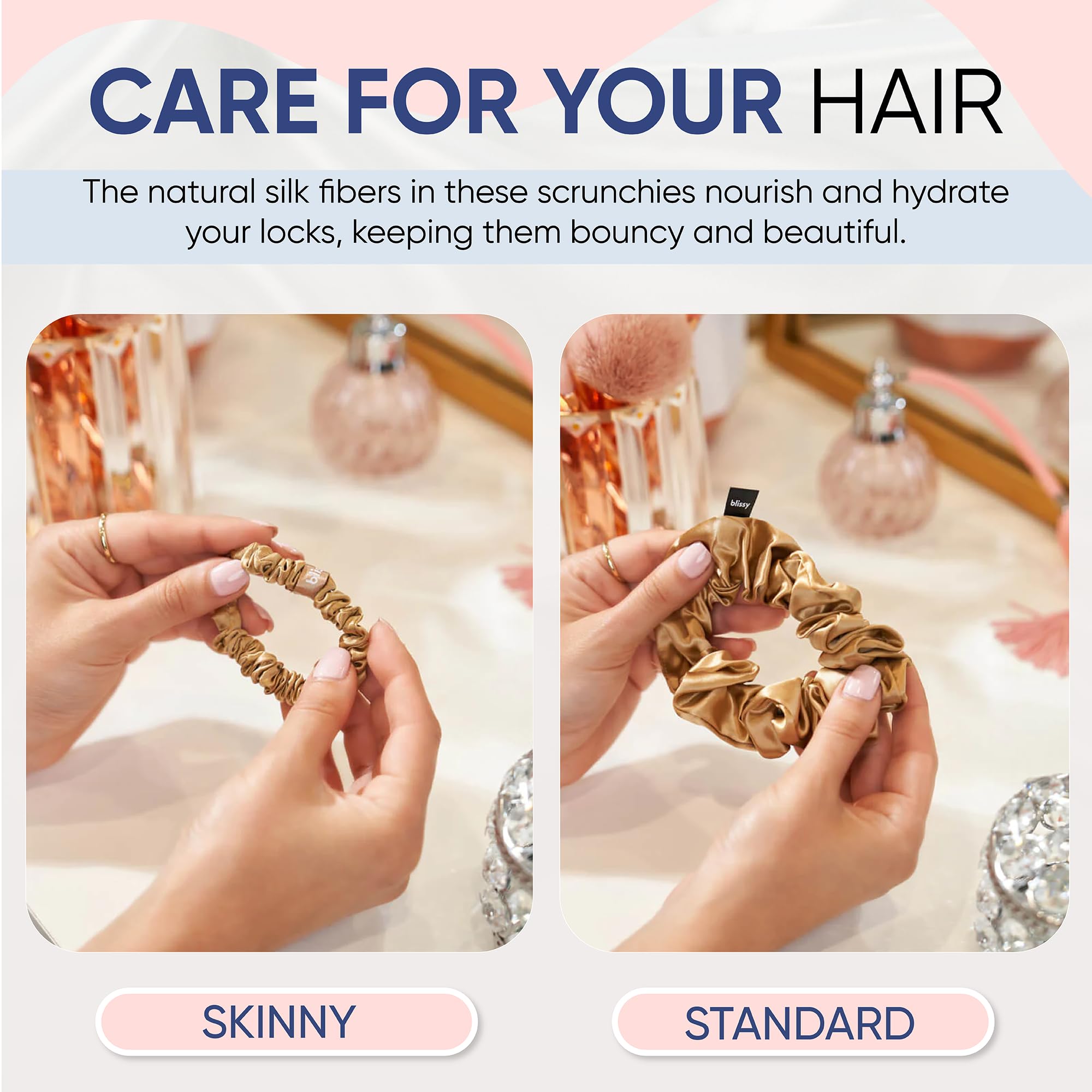 Blissy Silk Scrunchies (3 Pack) - 100% Pure Mulberry Silk - 22 Momme 6A High-Grade Fibers - Silk Scrunchie for Straight & Curly Hair - Preventing Breakage, Tangling, & Creasing (Rose Skinny)