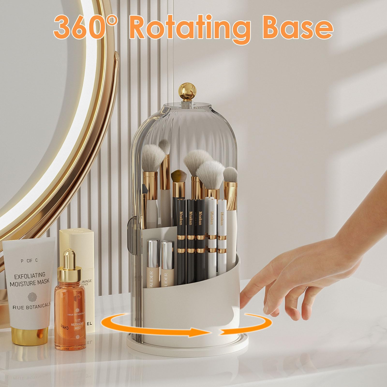 Makeup Brush Holder Organizer with Lid,360 Rotating Clear Dustproof Makeup Brushes Organizer for Vanity Desktop Bathroom Countertop (Transparent)