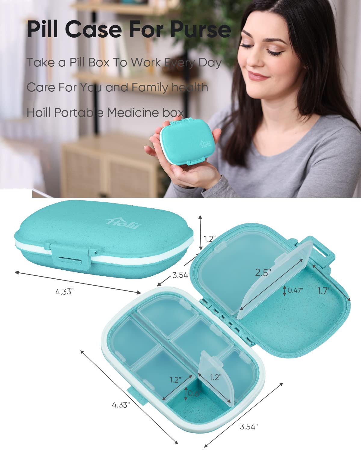 Holii Travel Pill Organizer, 8 Compartments Portable Pill Case, Daily Pill Box to Hold Vitamins, Small Pill Container for Pocket Purse Medicine Organizer(Khaki)