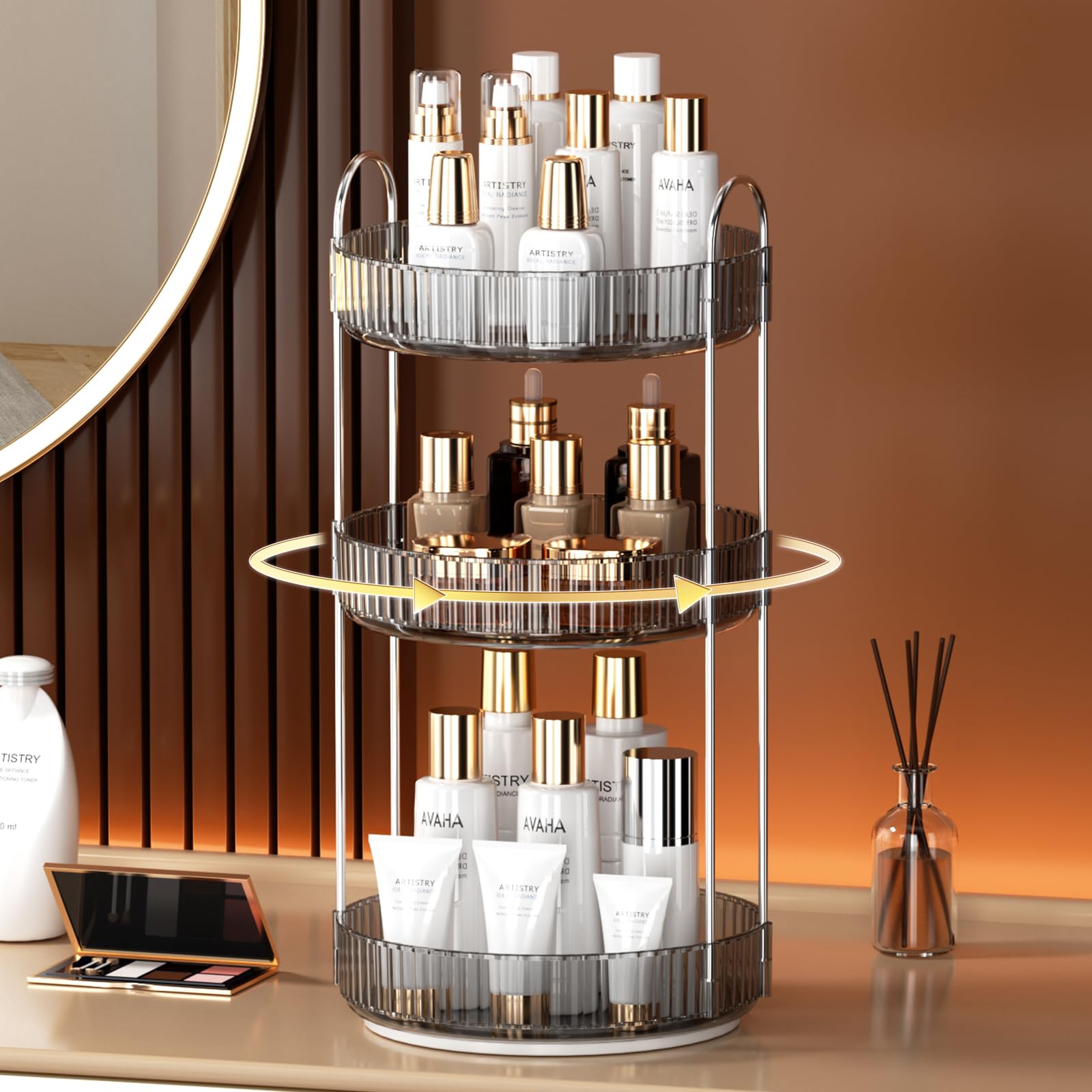 YCIA&DONE 360 Rotating Makeup Organizer and Storage for Vanity Bathroom Countertop, High Capacity Cosmetic Skincare Perfume Organizer for Dresser Lazy Susan Organizers(Clear White,2 Tiers)