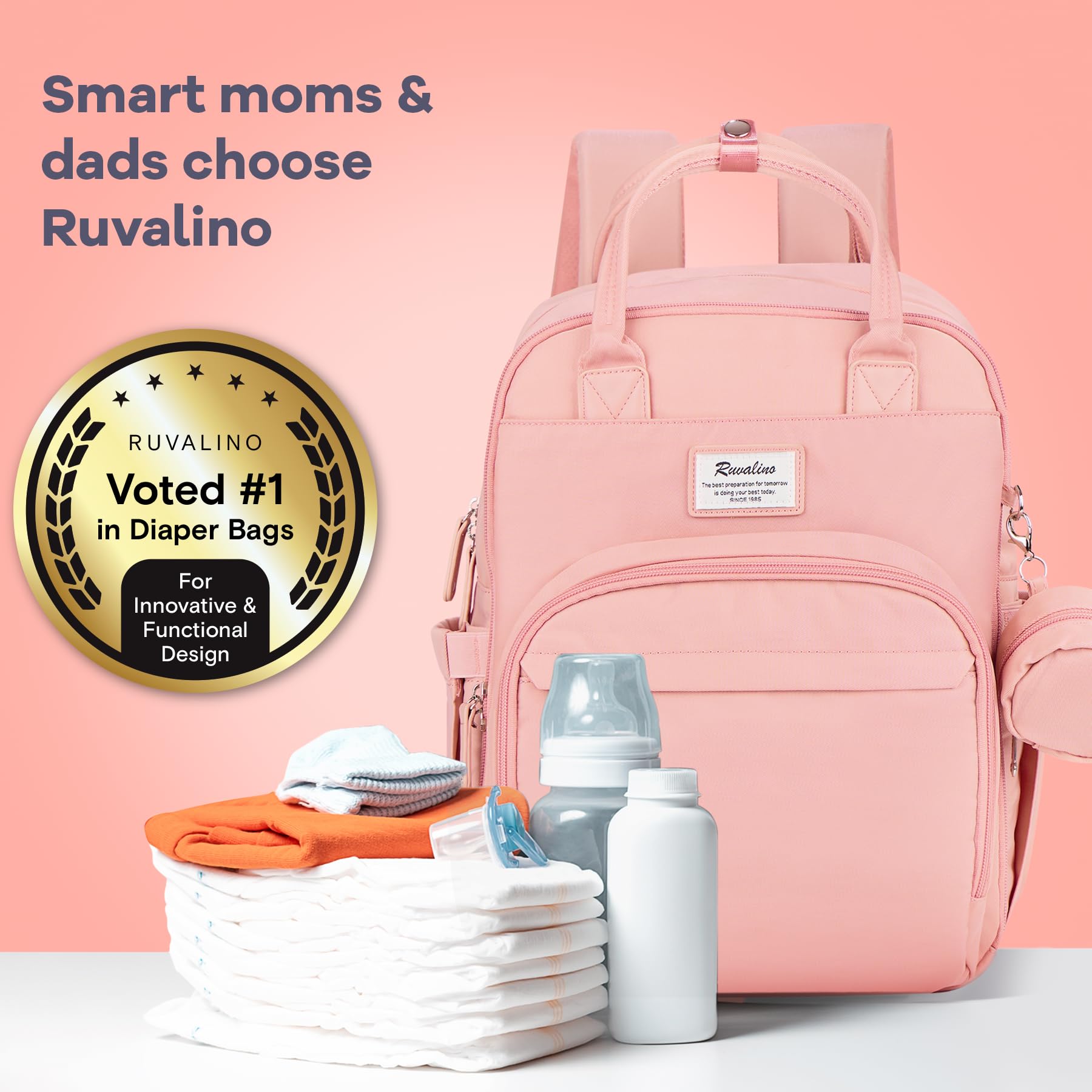 RUVALINO Diaper Bag Backpack, Multifunction Travel Pack Maternity Baby Changing Bags, Large Capacity, Waterproof, Beige