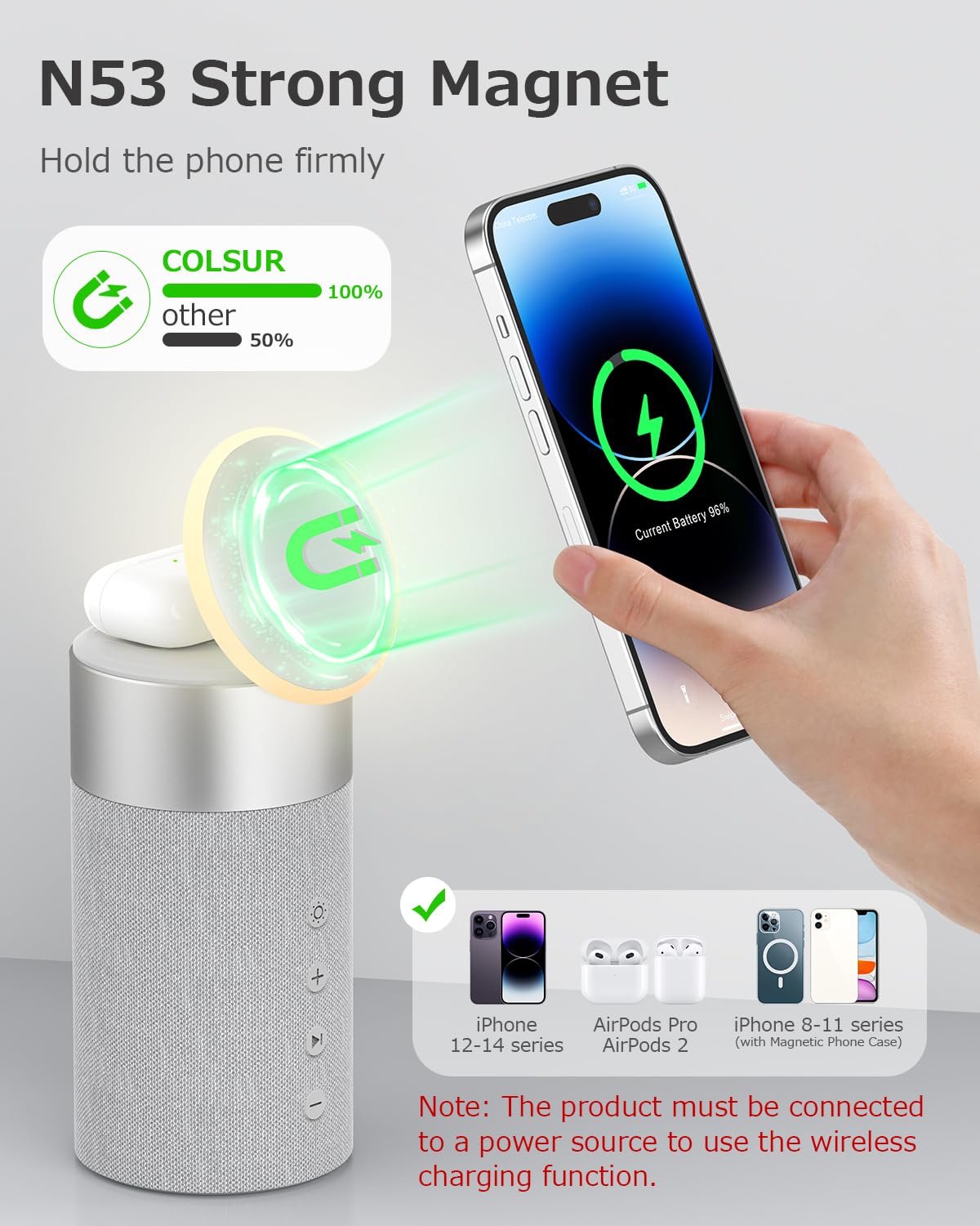 COLSUR Bluetooth Speaker, Magnetic Wireless Charger, Bluetooth Speakers with Night Light, 2 in 1 Wireless Charging Station for iPhone 16/15/14/13/12 Series, AirPods Pro/3/2(Gift Ideal)