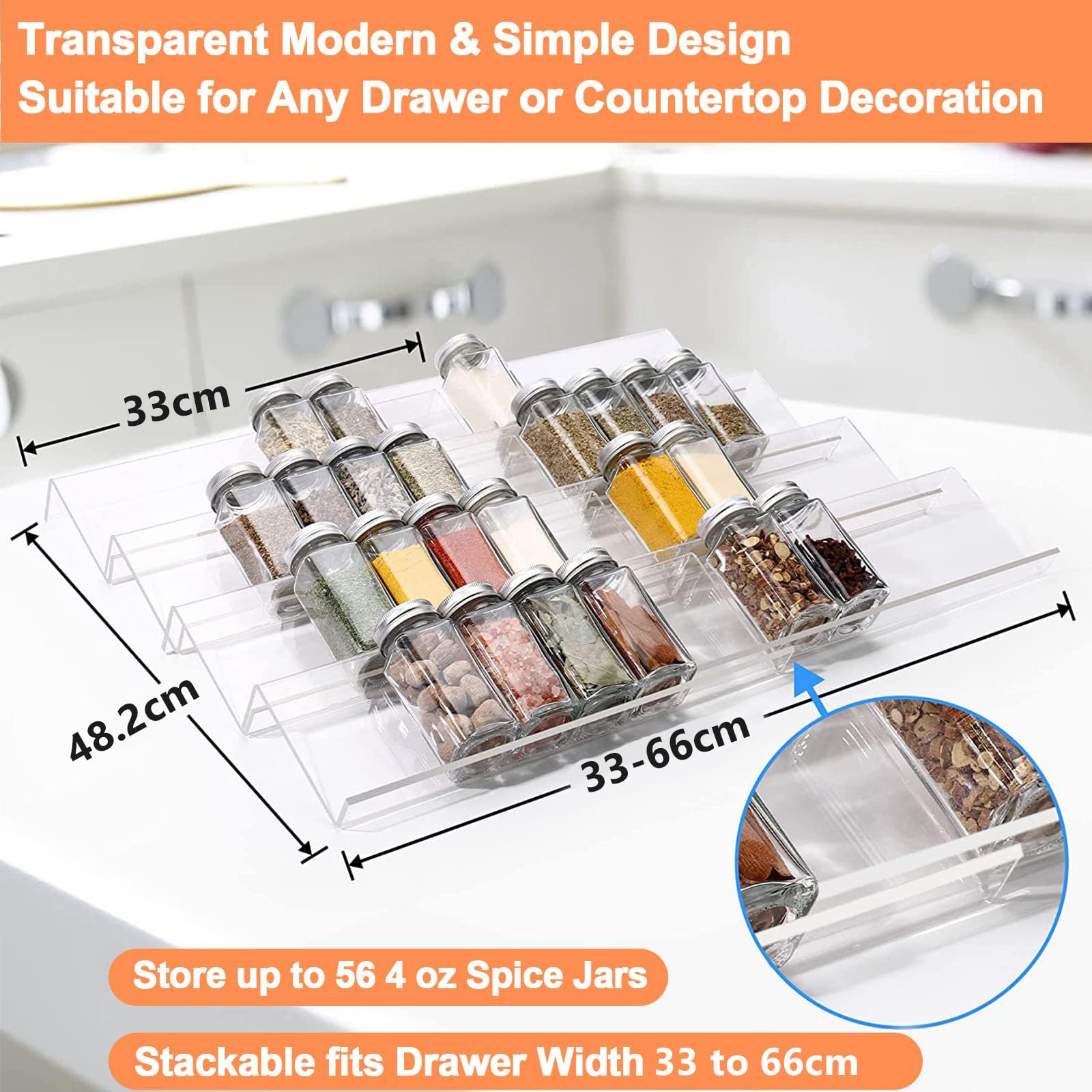Clear Acrylic Spice Drawer Organizer, 4 Tier- 2 Set Expandable From 33 cm to 66 cm Seasoning Jars Drawers Insert, Kitchen Spice Rack Tray for Drawer/Countertop (Jars and Labels not included)