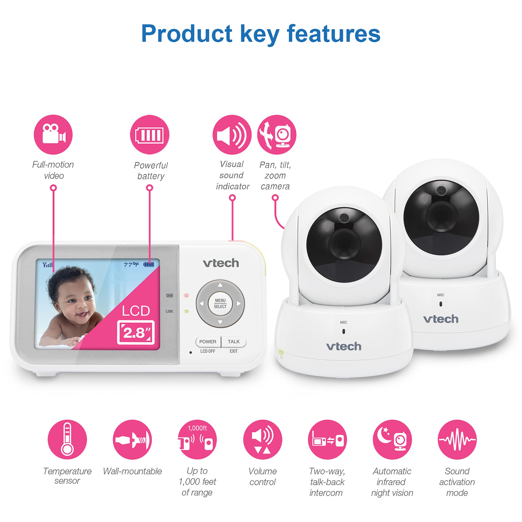 VTech VM819 Baby Monitor, 2.8” Screen, Night Vision, 2-Way Audio, Temperature Sensor and Lullabies, Secure Transmission No WiFi