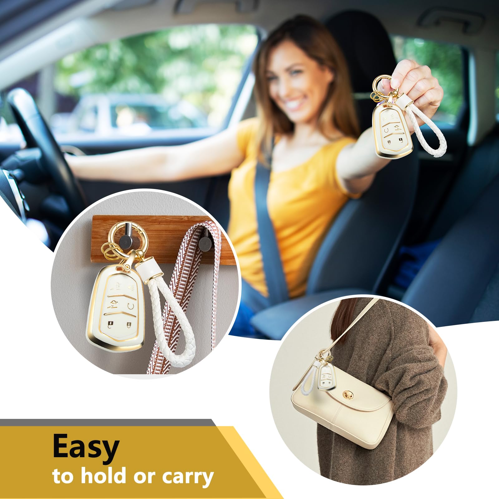 Cadillac Key Fob Cover with Metal Braided Rope Keychain, Upgraded Soft Key Case for 2015-2019 Escalade CTS SRX XT5 ATS STS CT6 (5 Button) (Gold Edge)