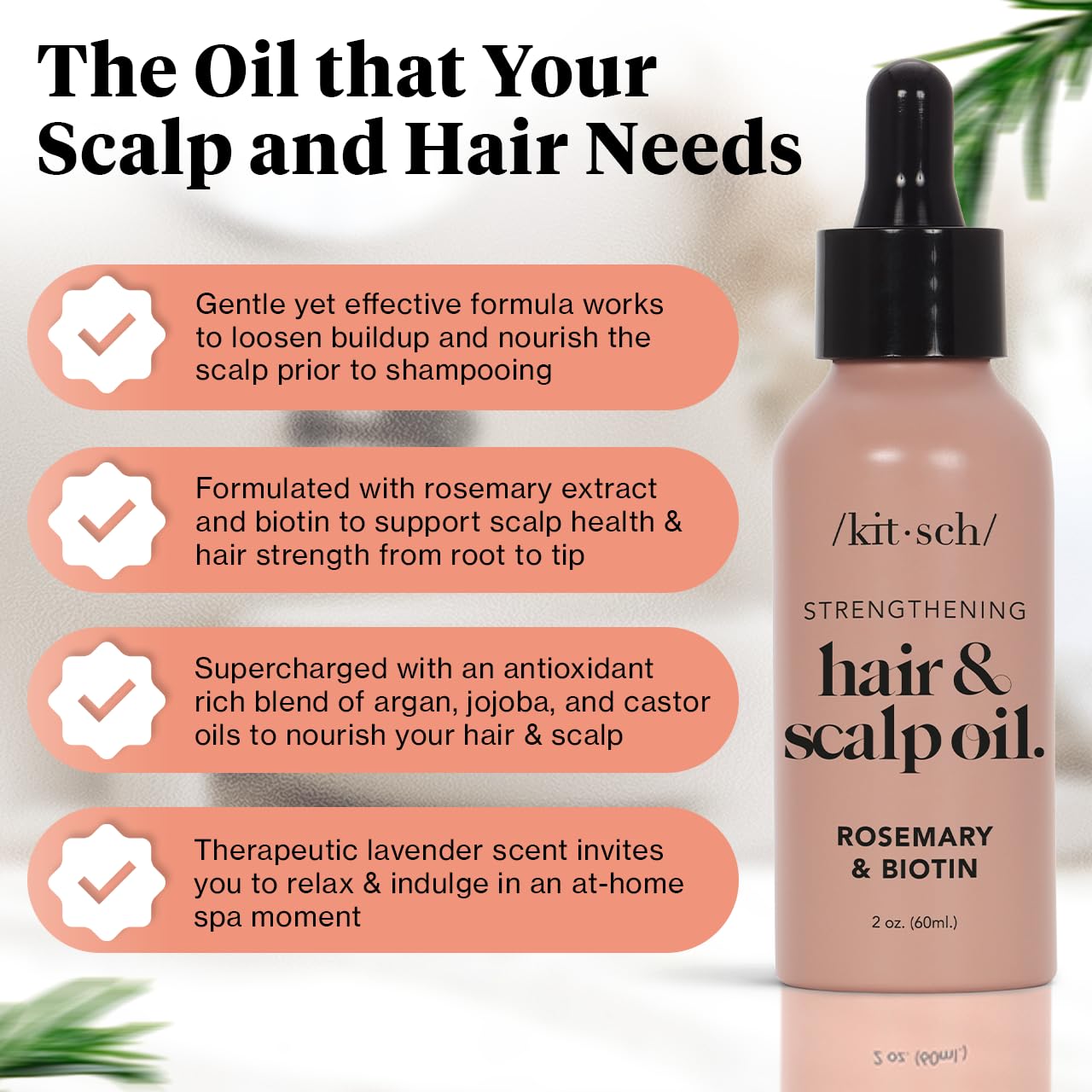 Kitsch Rosemary Oil for Hair Growth & Healthy Scalp, Pre Wash Scalp & Hair Oil Infused with Biotin, Hair Growth Serum & Hair Strengthening Treatment, Nourishing & Volumizing in Recycled Bottle, 60 mL