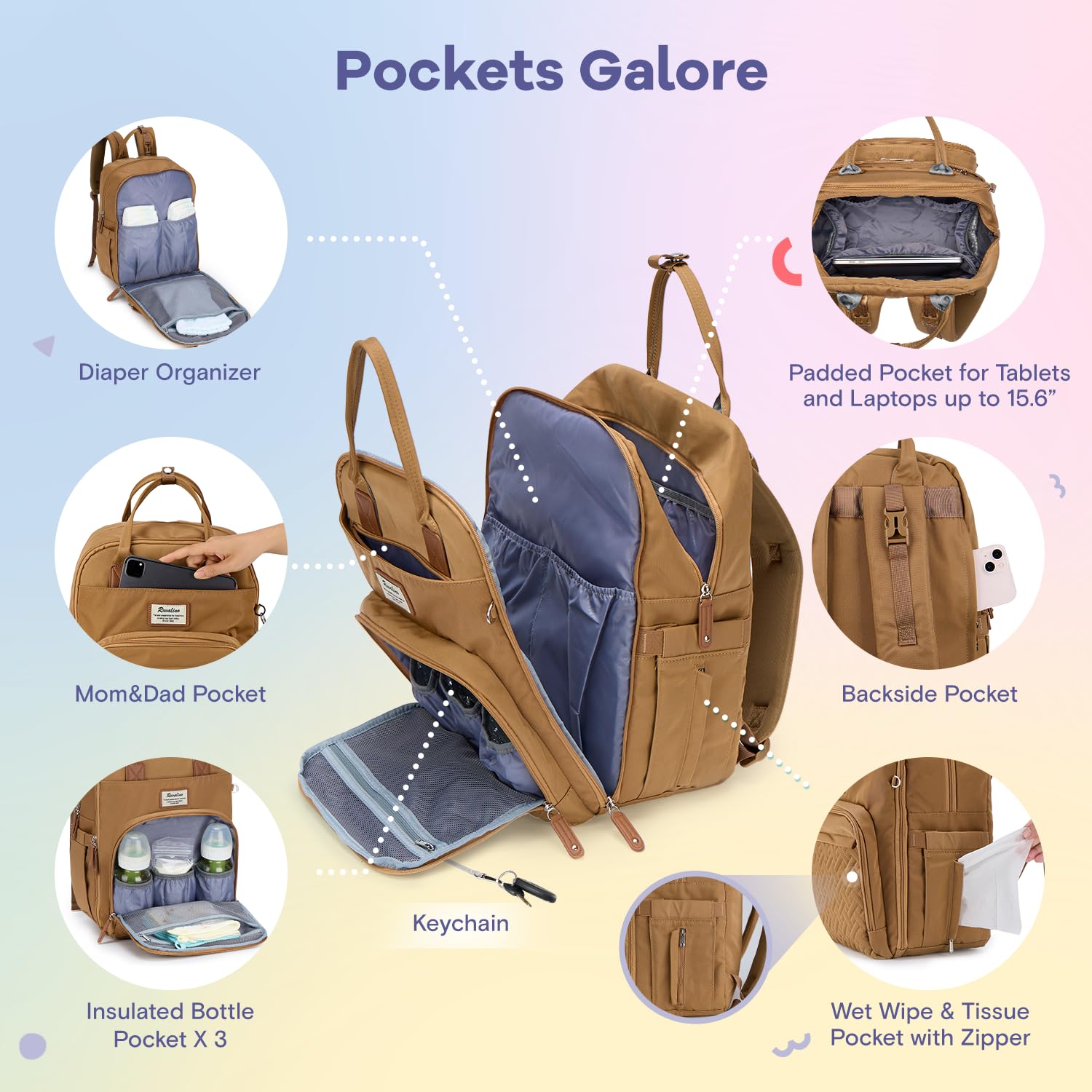 RUVALINO Diaper Bag Backpack, Multifunction Travel Pack Maternity Baby Changing Bags, Large Capacity, Waterproof, Beige
