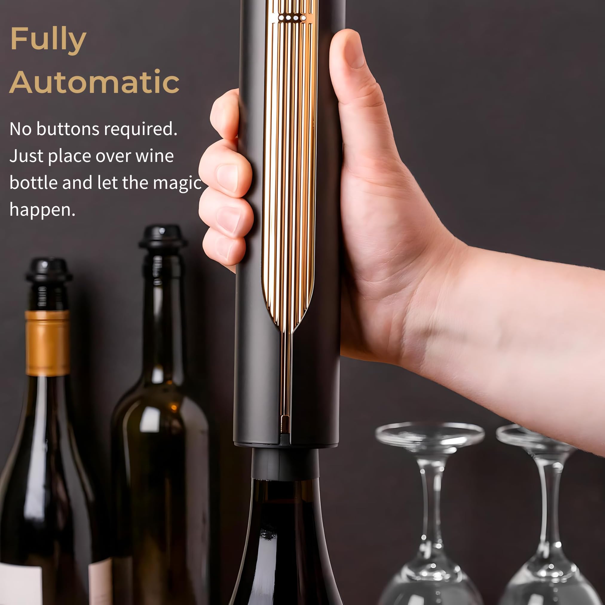LINKSTYLE OPENERO Electric Wine Bottle Opener, Luxury Automatic Wine Corkscrew with Foil Cutter and Charging Base, Premium Metals with Elegant Gift Box, Home Bar Accessories for Wine Lovers, Gold