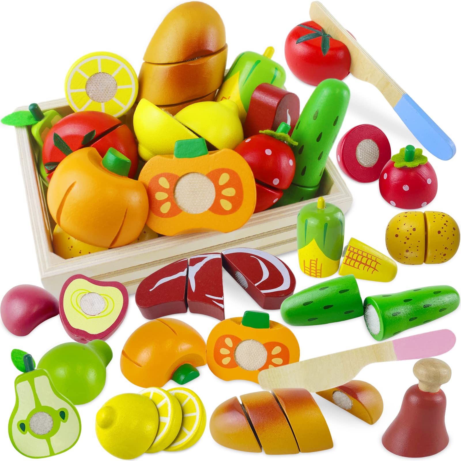 Beberolen Wooden Pizza Toy Play Food Set for Kids Pretend Play Kitchen Accessories Cutting Food Toys for 3 4 5 Years Old Toddlers Boys Girls