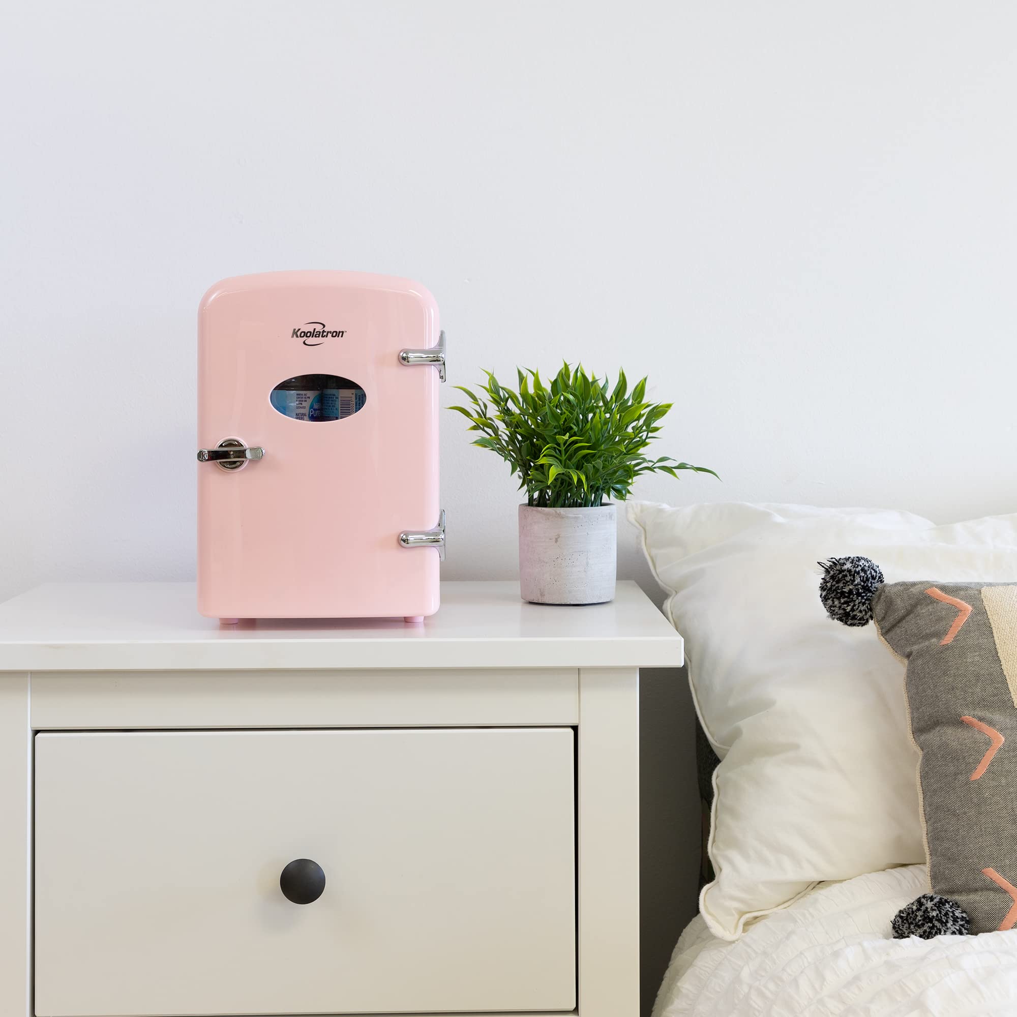 Koolatron Retro Mini Portable Fridge, 4L Compact Refrigerator for Skincare, Beauty Serum, Face Mask, Personal Cooler, Includes 12V Car Adapter, Desktop Accessory for Home Office Dorm Travel, Pink