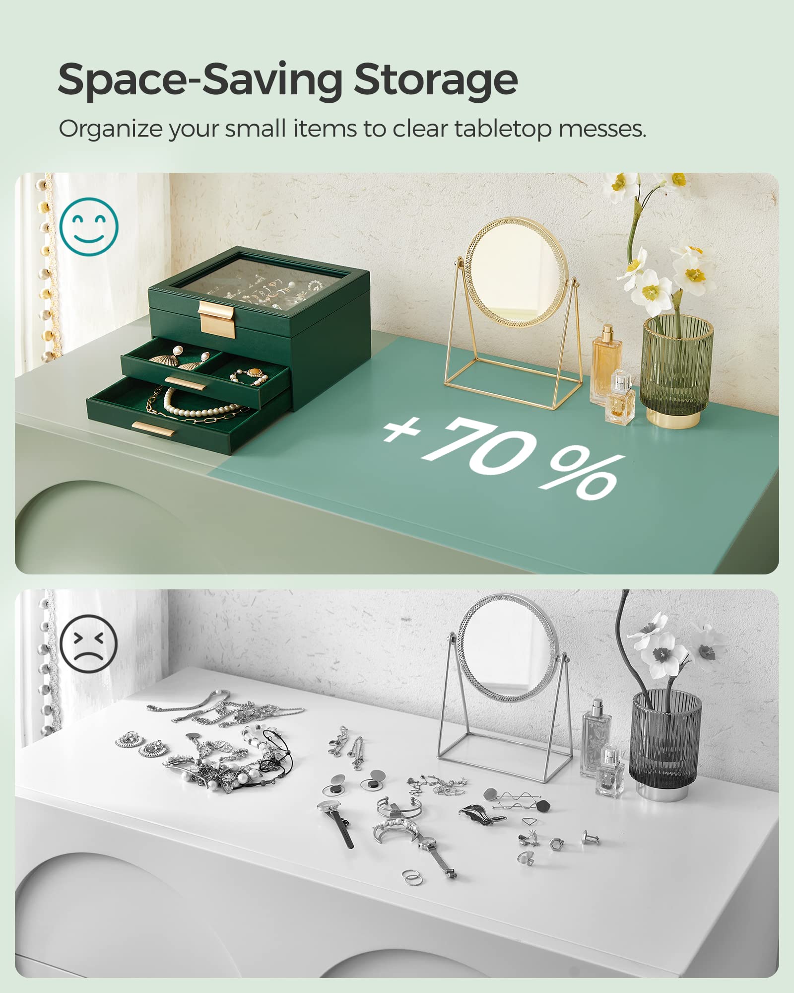SONGMICS Jewelry Box with Glass Lid, 3-Layer Jewelry Organizer, 2 Drawers, for Big and Small Jewelry, Jewelry Storage, Modern Style, 8 x 9.1 x 5.3 Inches, Cloud White and Gold Color UJBC239WT