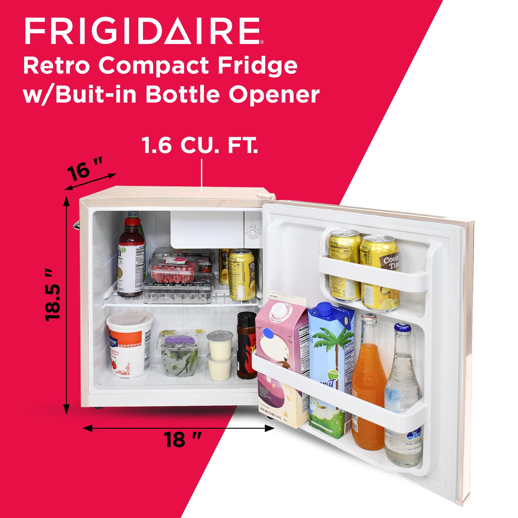 Frigidaire Coral EFR176- AMZ EFR176 Retro Mini Refrigerator-Energy Saving-Adjustable Thermostat Control-Side Mounted Bottle Opener-Ideal for for Dorm, Office, RV, Garage, Apartment 1.6 Cubic Feet