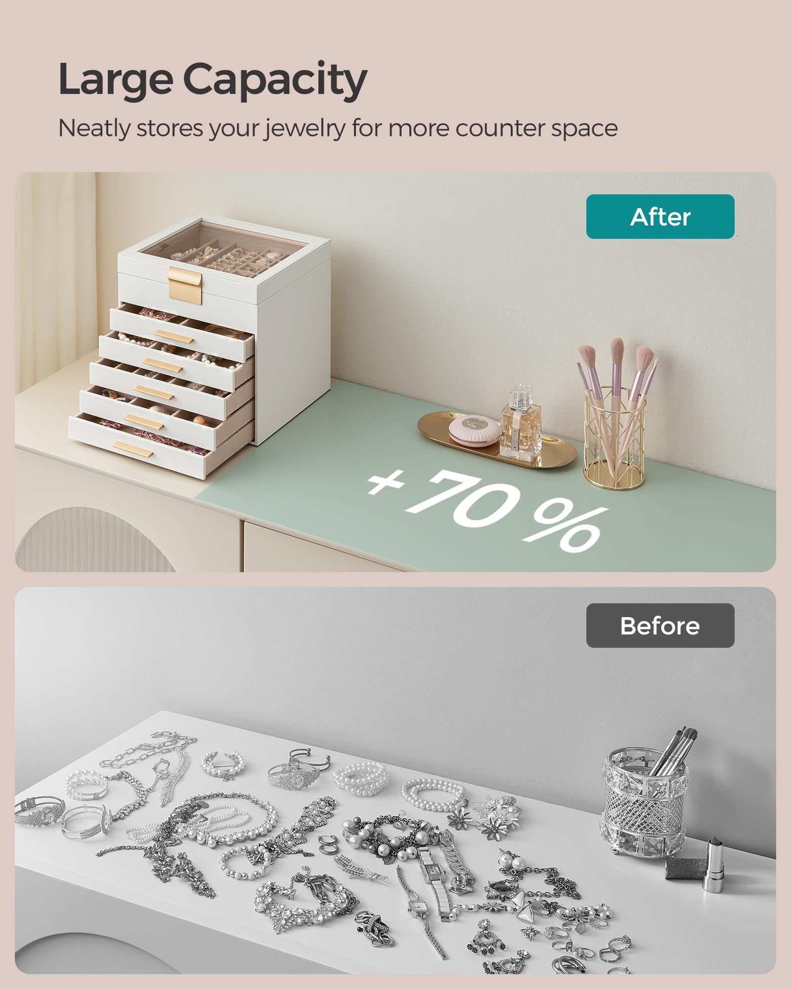 SONGMICS Jewelry Box with Glass Lid, 3-Layer Jewelry Organizer, 2 Drawers, for Big and Small Jewelry, Jewelry Storage, Modern Style, 8 x 9.1 x 5.3 Inches, Cloud White and Gold Color UJBC239WT