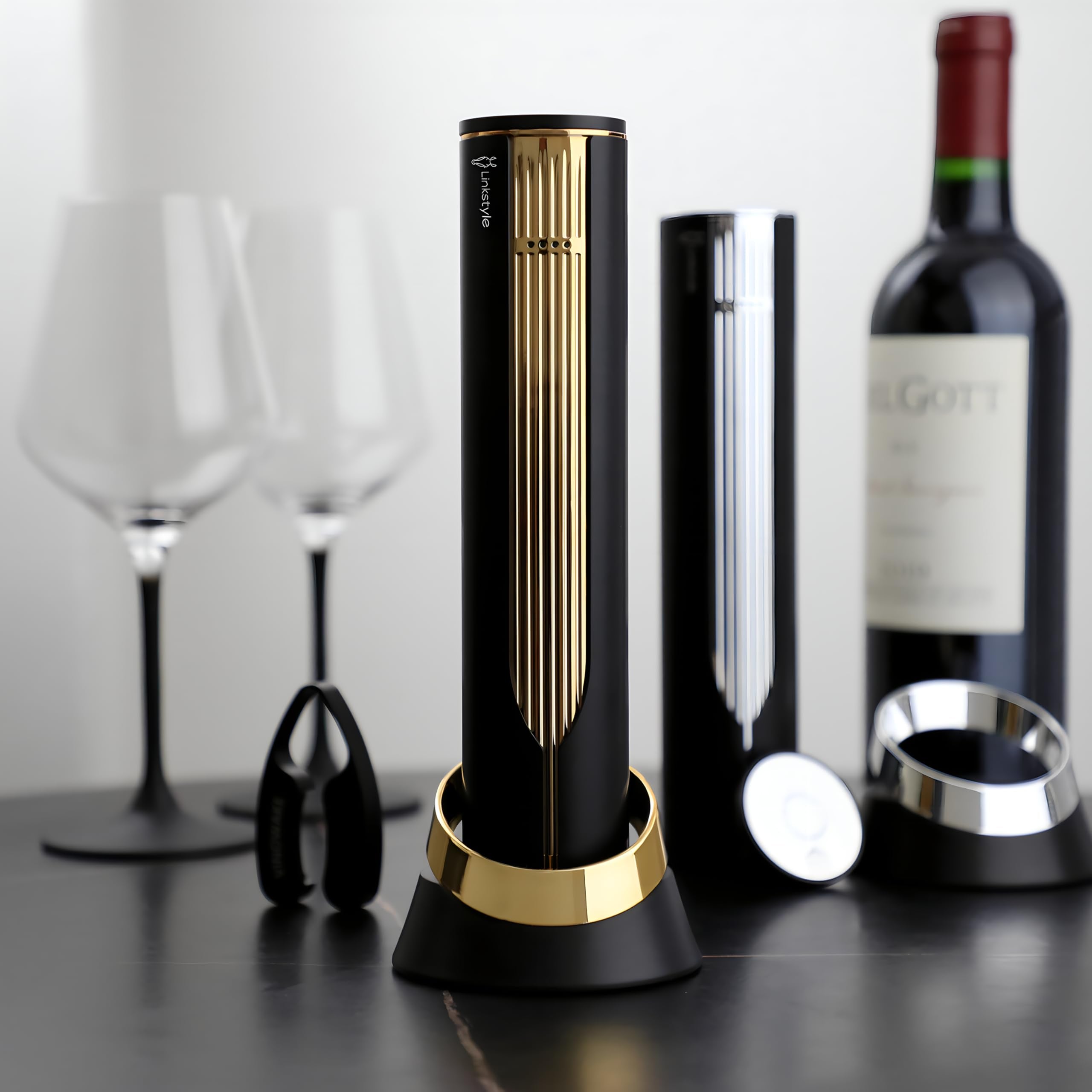 LINKSTYLE OPENERO Electric Wine Bottle Opener, Luxury Automatic Wine Corkscrew with Foil Cutter and Charging Base, Premium Metals with Elegant Gift Box, Home Bar Accessories for Wine Lovers, Gold