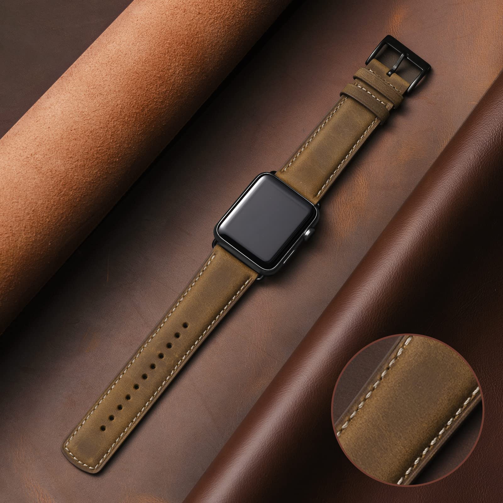Bestig Compatible with Apple Watch Band 49mm 46mm 45mm 44mm 42mm(Series 3 2 1) Apple Watch Leather Bands Genuine Leather for iWatch Strap Ultra Series 10 9 8 7 6 5 4 SE Women Man-Redbrown/Black