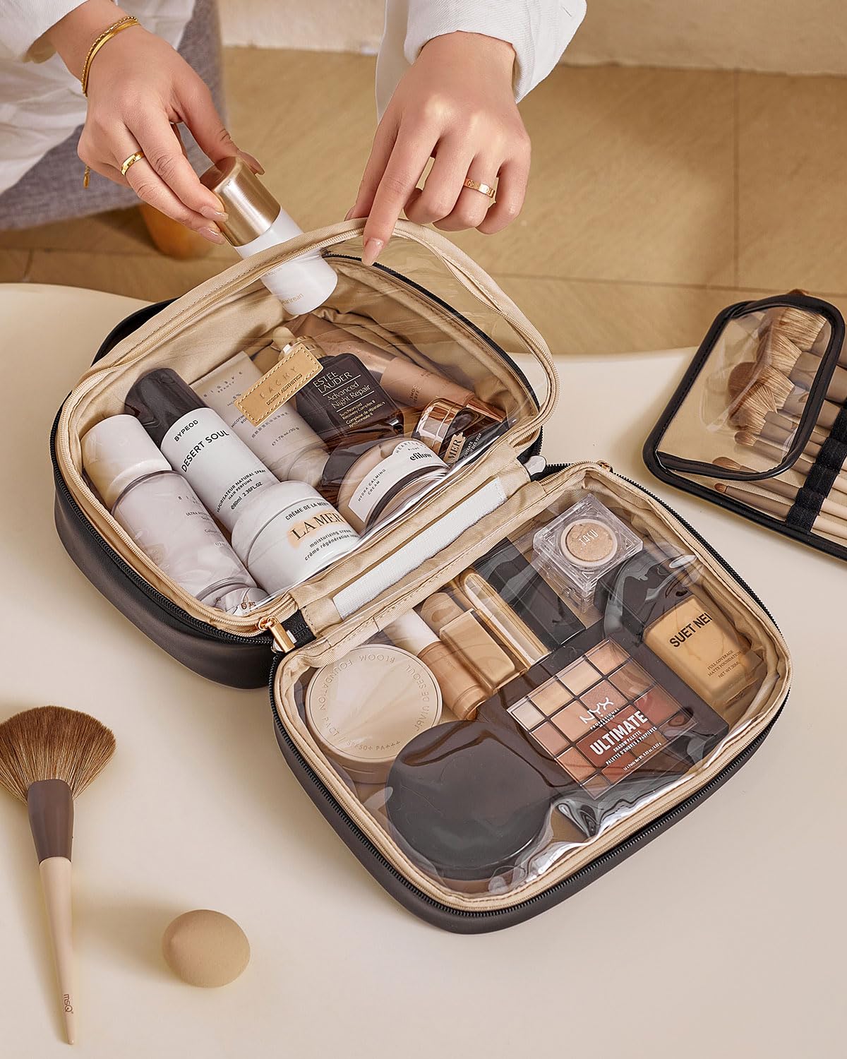 EACHY Travel Makeup Bag,Large Capacity Cosmetic Bags for Women,Waterproof Portable Pouch Open Flat Toiletry Bag Make up Organizer with Divider and Handle