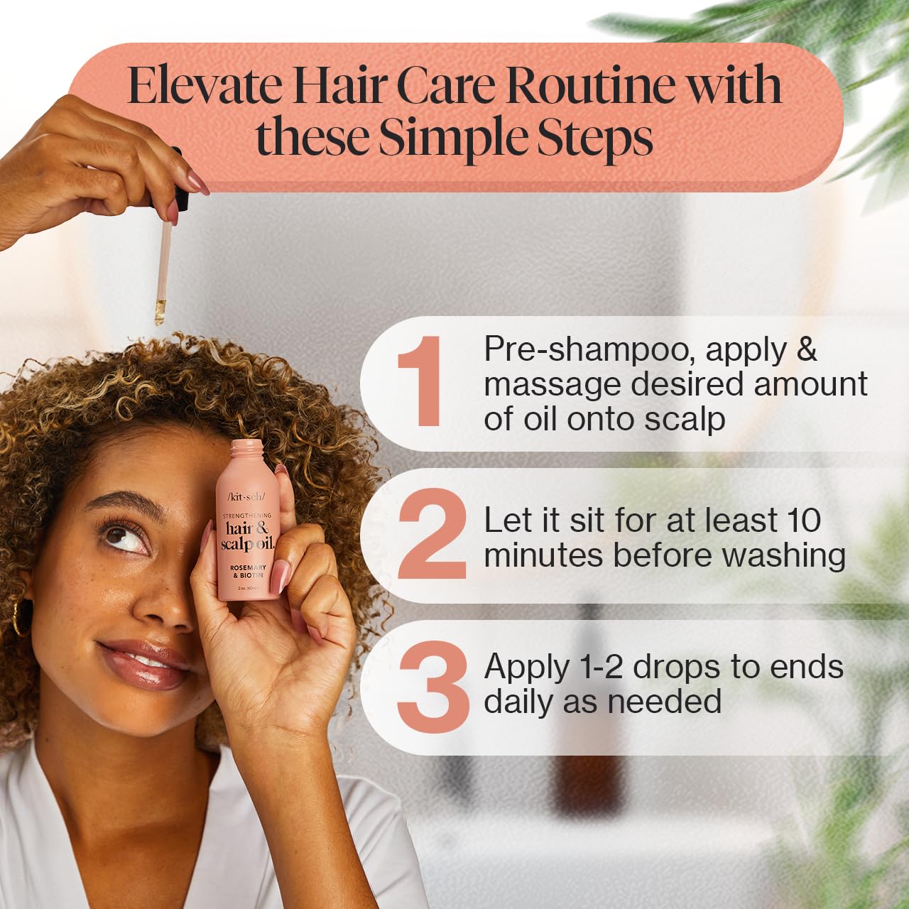 Kitsch Rosemary Oil for Hair Growth & Healthy Scalp, Pre Wash Scalp & Hair Oil Infused with Biotin, Hair Growth Serum & Hair Strengthening Treatment, Nourishing & Volumizing in Recycled Bottle, 60 mL