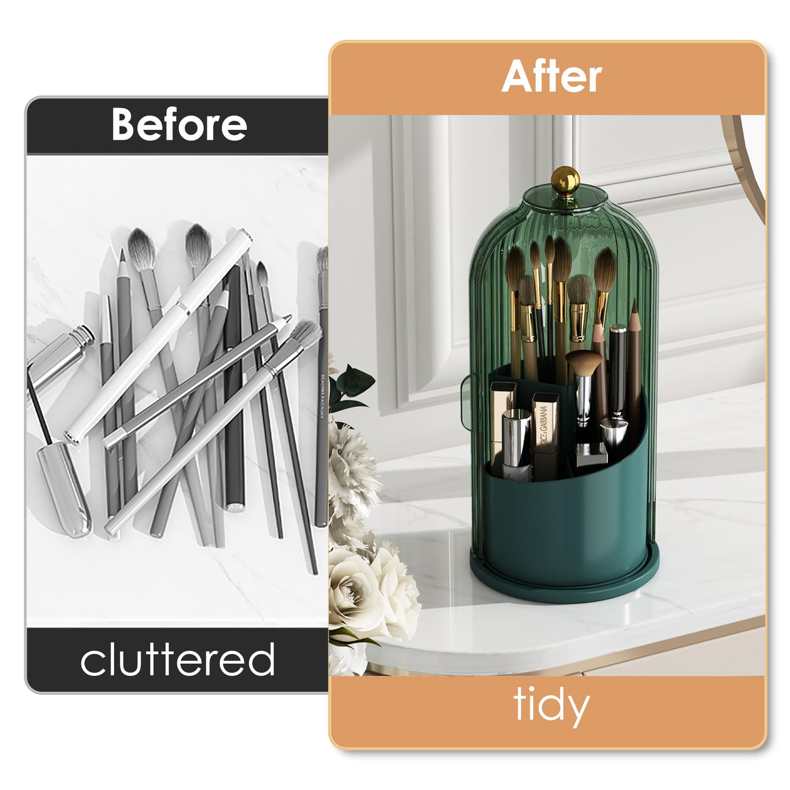 Makeup Brush Holder Organizer with Lid,360 Rotating Clear Dustproof Makeup Brushes Organizer for Vanity Desktop Bathroom Countertop (Transparent)