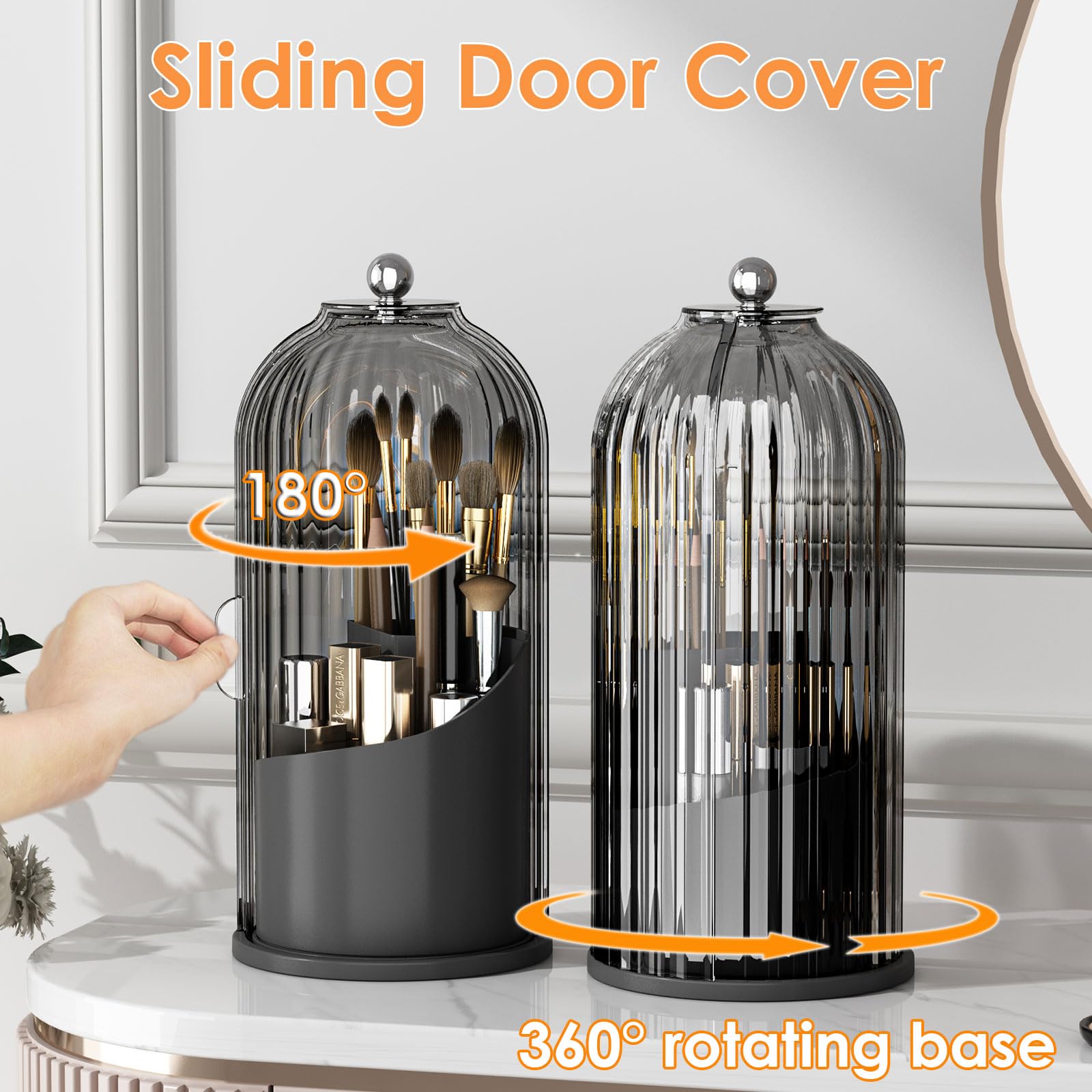 Makeup Brush Holder Organizer with Lid,360 Rotating Clear Dustproof Makeup Brushes Organizer for Vanity Desktop Bathroom Countertop (Transparent)