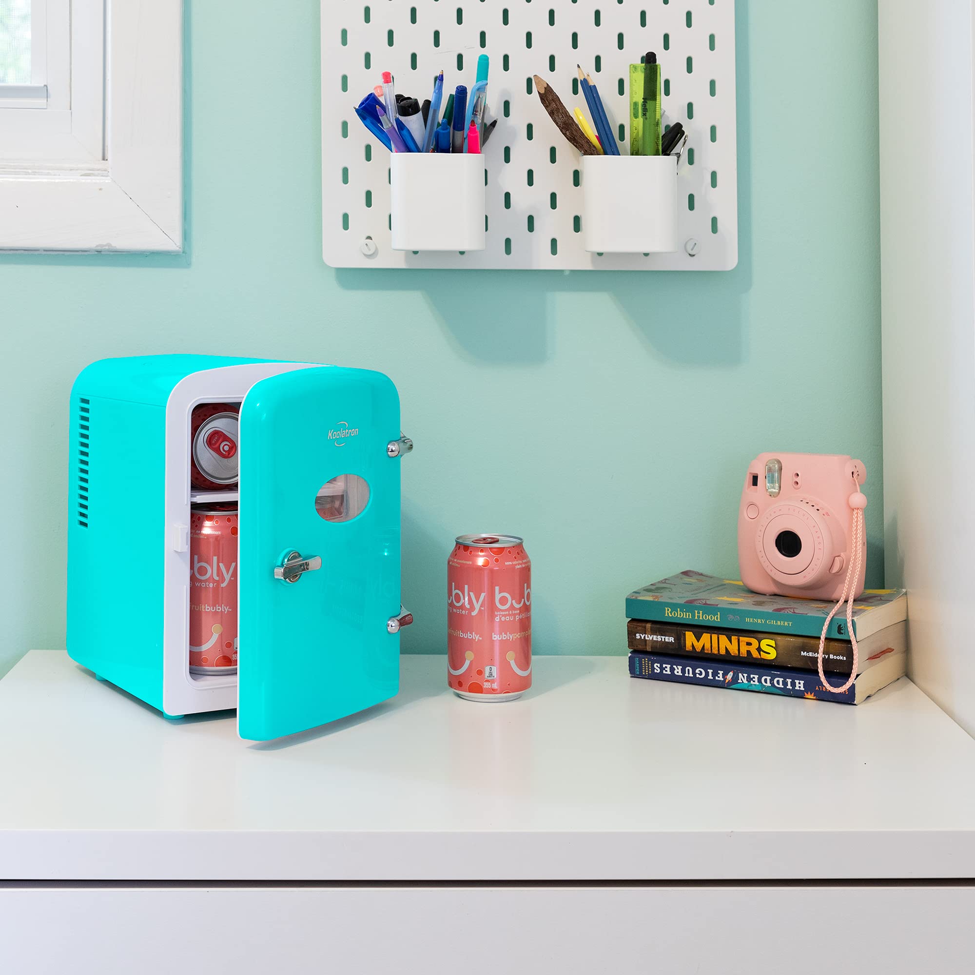 Koolatron Retro Mini Portable Fridge, 4L Compact Refrigerator for Skincare, Beauty Serum, Face Mask, Personal Cooler, Includes 12V Car Adapter, Desktop Accessory for Home Office Dorm Travel, Pink