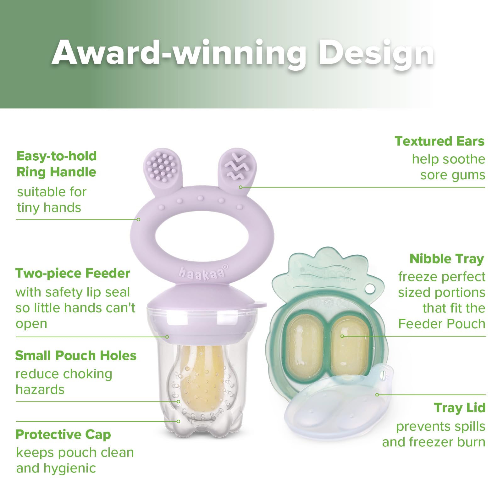 Haakaa Baby Fruit Food Feeder & Mini Freezer Nibble Tray Combo, Breastmilk Popsicle Molds for Cooling Relief, BPA Free Silicone Feeder for Safe Infant Self Feeding, 4 Month+ (Pea Green)