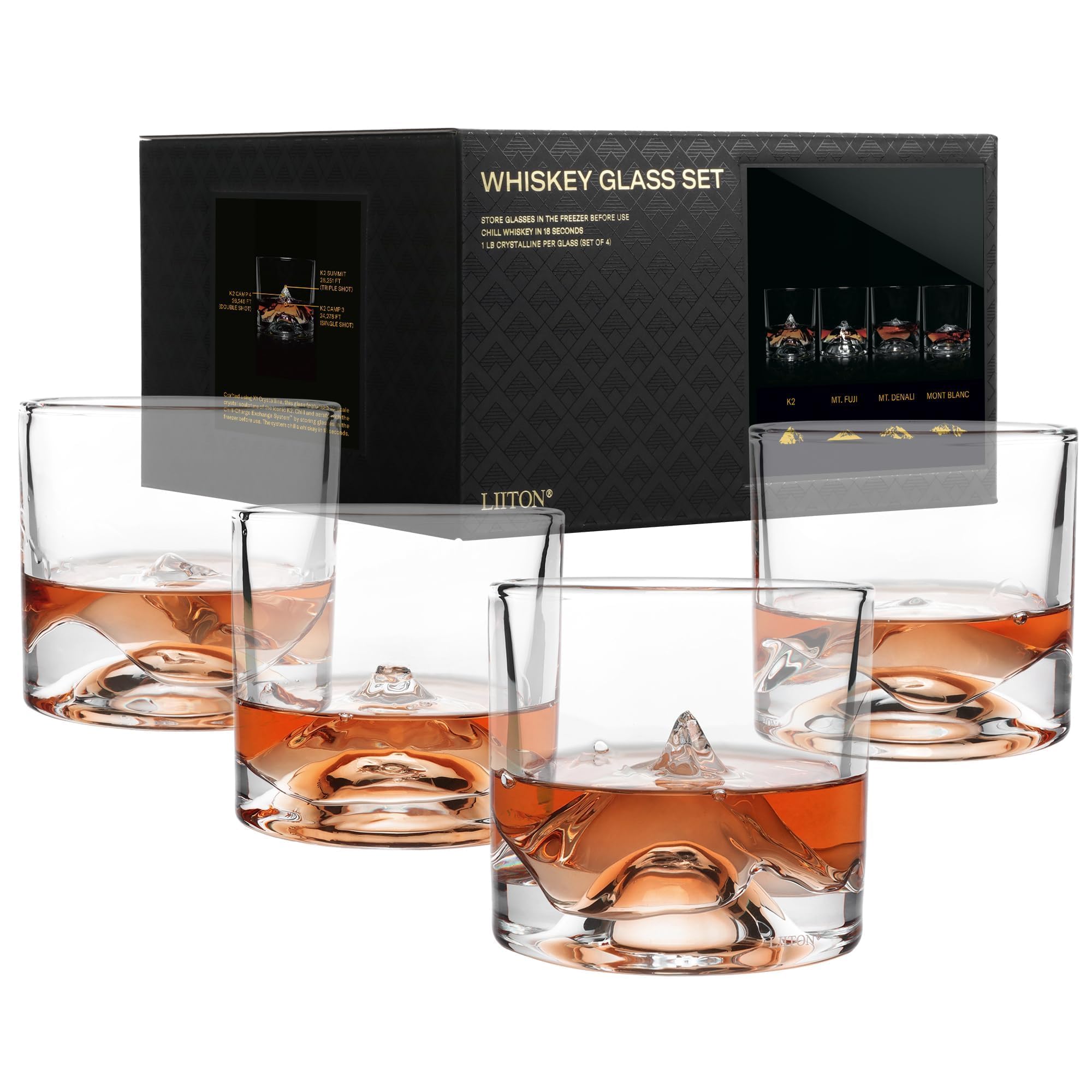 LIITON Heavy Crystal Whiskey Glasses Gift Set, Thick Freezable Bourbon Glass 1lb Each, Premium Whiskey Gifts for Men, Frozen Crystal Chills Cocktails Featuring Grand Canyon Glasses Set of 2, 10 oz