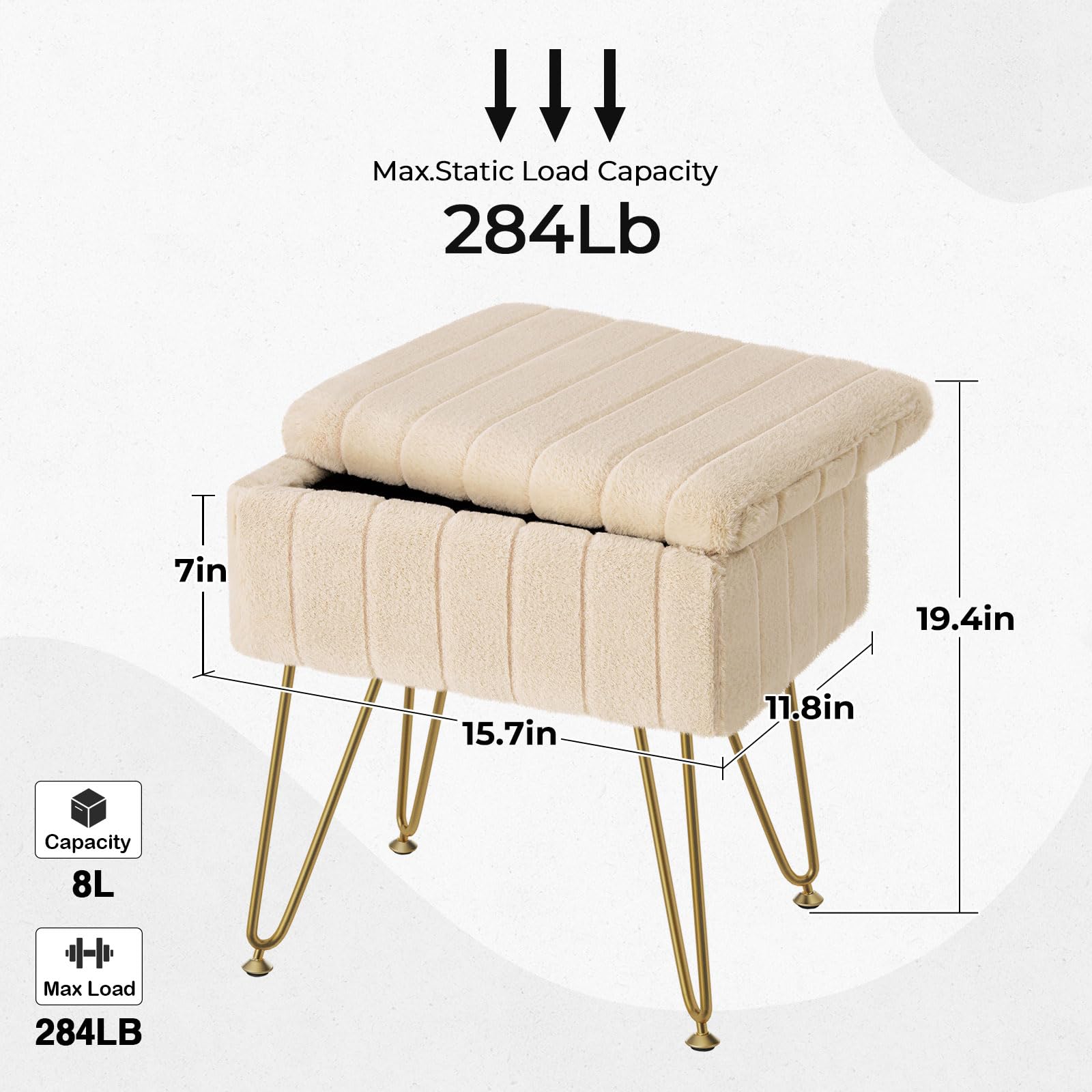 Greenstell Vanity Stool Chair Faux Fur with Storage, 19.4" H x 15.7" L x 11.8" W Soft Ottoman 4 Metal Legs with Anti-Slip Feet, Furry Padded Seat, Modern Multifunctional Chairs for Makeup, Bedroom