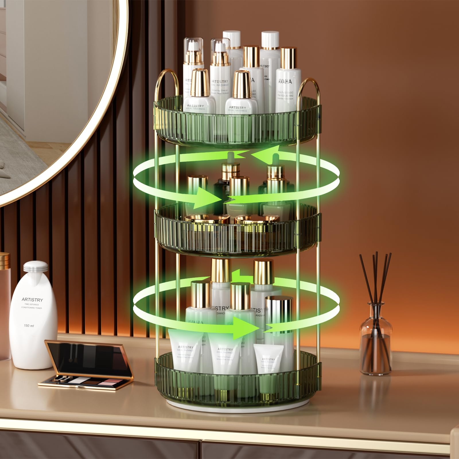 YCIA&DONE 360 Rotating Makeup Organizer and Storage for Vanity Bathroom Countertop, High Capacity Cosmetic Skincare Perfume Organizer for Dresser Lazy Susan Organizers(Clear White,2 Tiers)