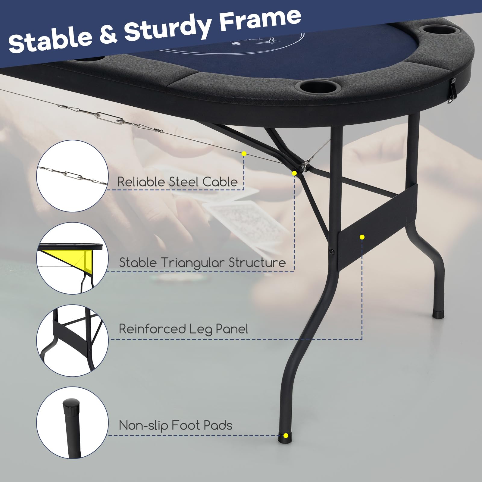 GYMAX Poker Table Foldable, 8-Player Texas Holdem Poker Table with Metal Cup Holders, Casino Grade Felt & Padded Rails, Portable Folding Poker Table for Leisure Game, Homes, Game Rooms (Black)