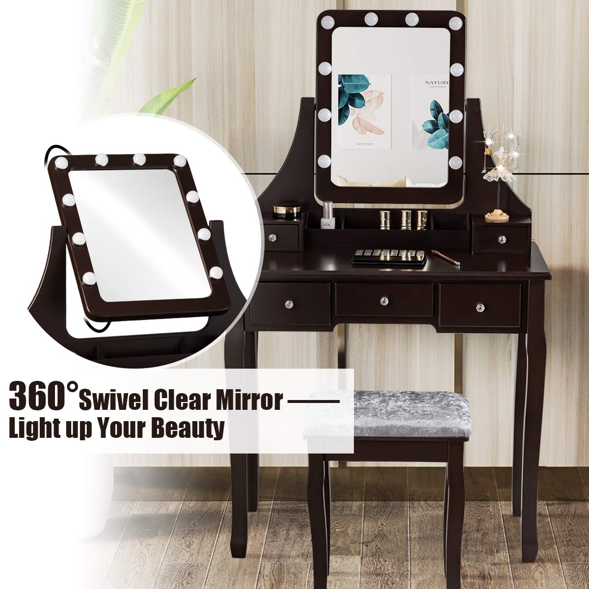 DORTALA Vanity Table Set with 360° Mirror & Cushioned Stool, Makeup Table with 10 LED Dimmable Bulbs, Bedroom Wood Dressing Table with 5 Drawers and Removable Box Organizer, Gift for Females (White)