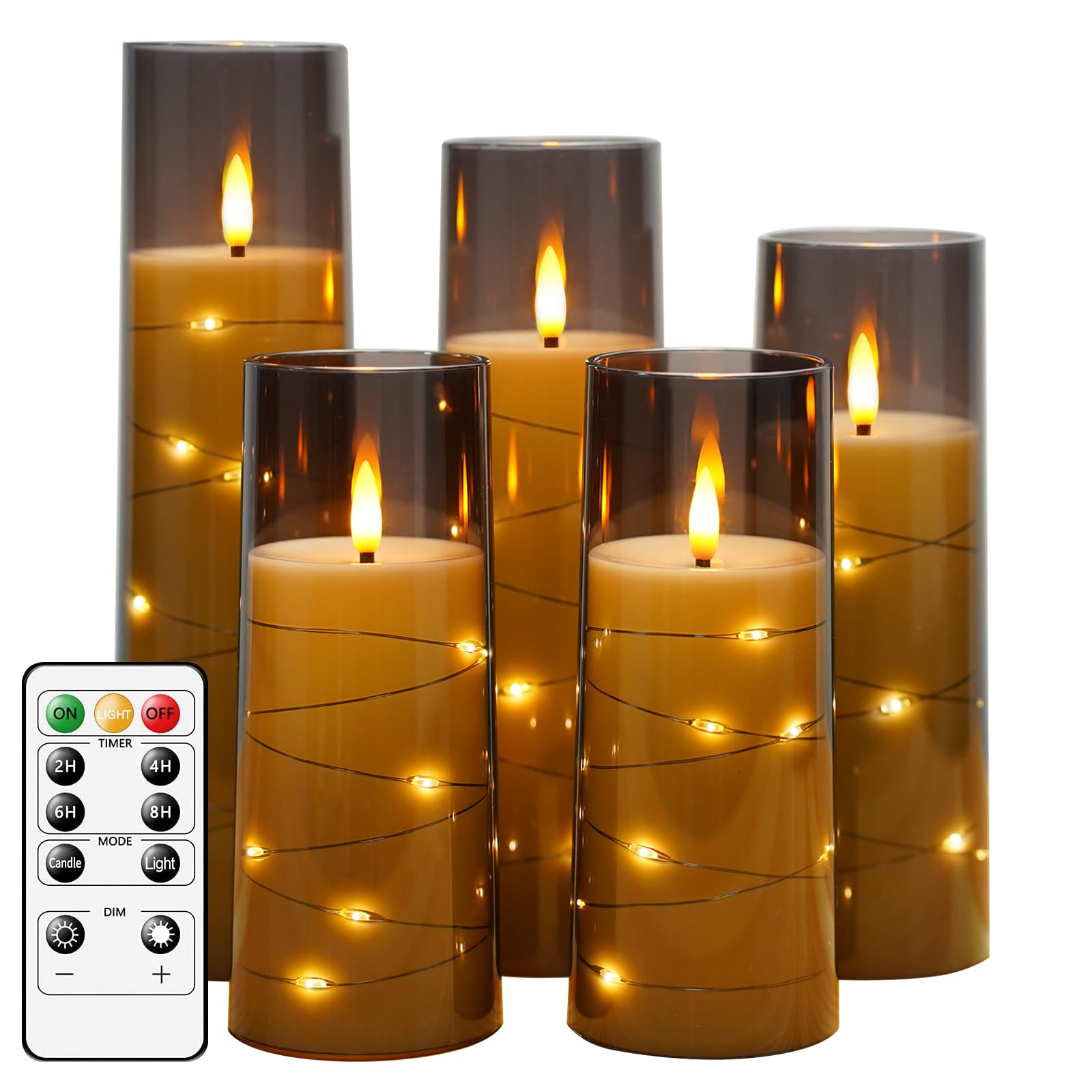 Flameless LED Candles with Timer 5 Pc Flickering Flameless Candles for Romantic Ambiance and Home Decoration Stable Acrylic Shell,with Embedded Star String,Battery Operated Candles(Grey)