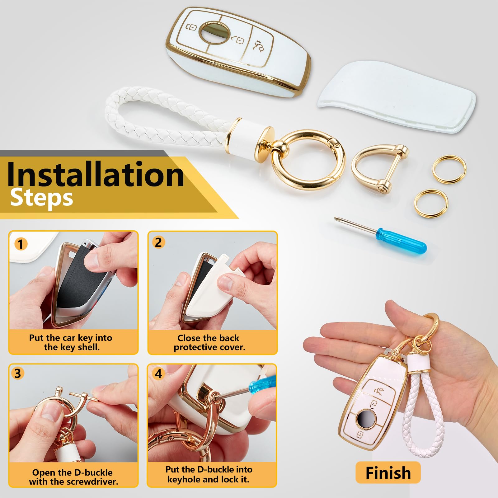 Cadillac Key Fob Cover with Metal Braided Rope Keychain, Upgraded Soft Key Case for 2015-2019 Escalade CTS SRX XT5 ATS STS CT6 (5 Button) (Gold Edge)