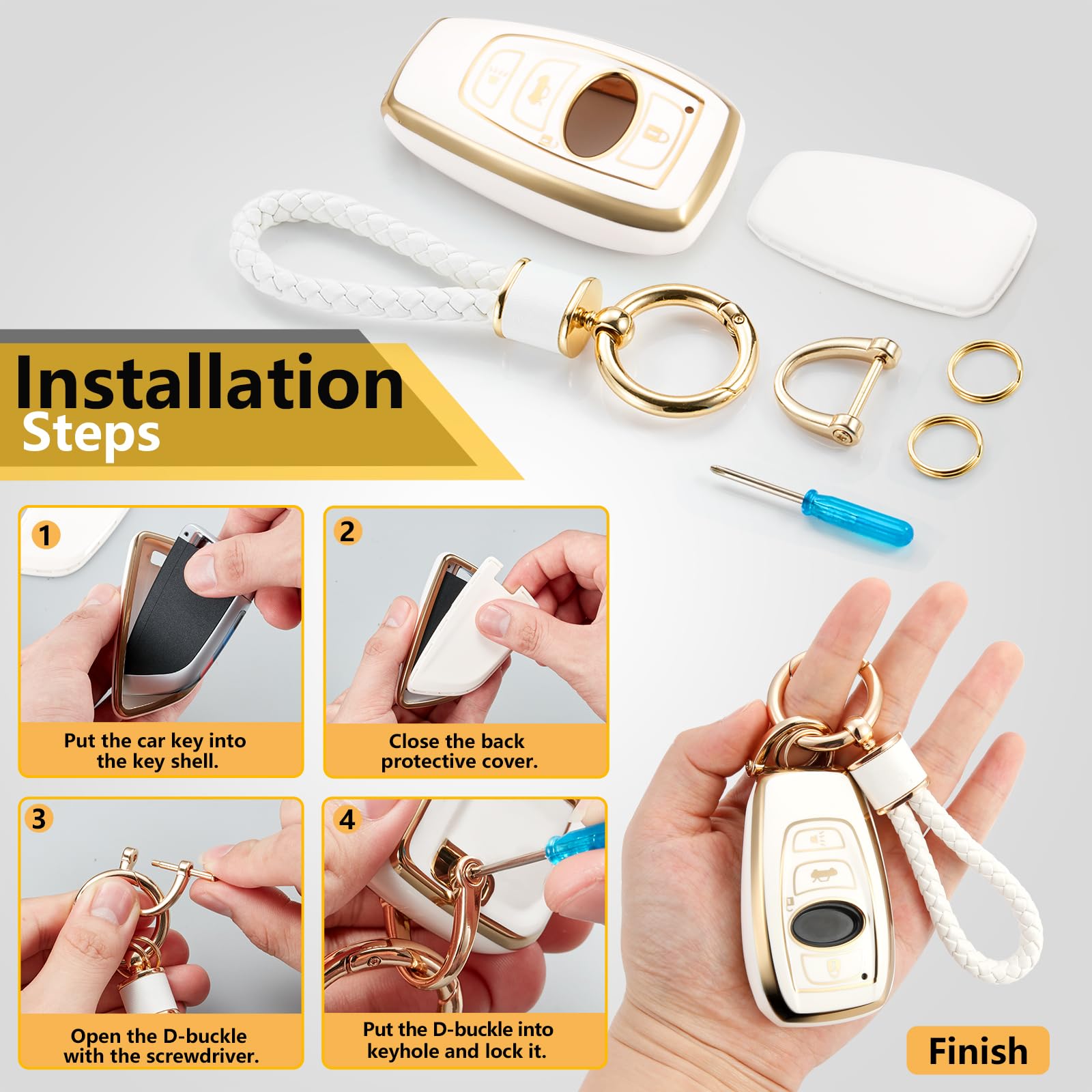 Cadillac Key Fob Cover with Metal Braided Rope Keychain, Upgraded Soft Key Case for 2015-2019 Escalade CTS SRX XT5 ATS STS CT6 (5 Button) (Gold Edge)