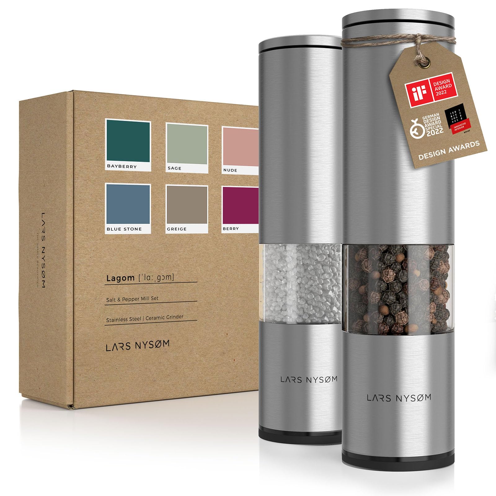 LARS NYSØM Salt and Pepper Mills Set Stainless Steel with Adjustable Ceramic Grinder 2 Pieces I Design Spice Mills Set Manual (Brown/Beige)