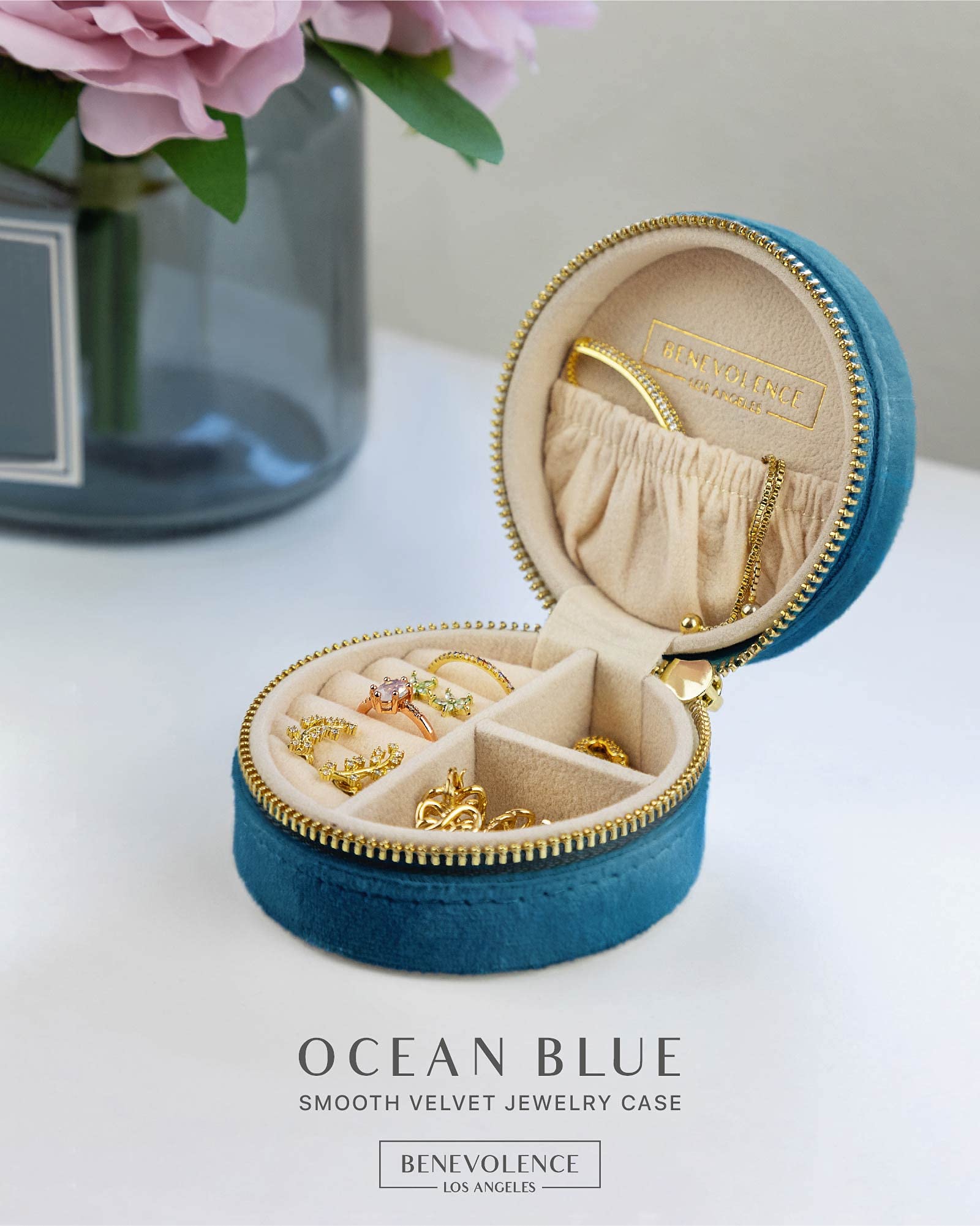 Benevolence LA Plush Velvet Travel Jewelry Storage Box | Travel Jewelry Case Small Jewelry Box for Women | Jewelry Travel Organizer | Earring Organizer with Mirror - Dusty Pink