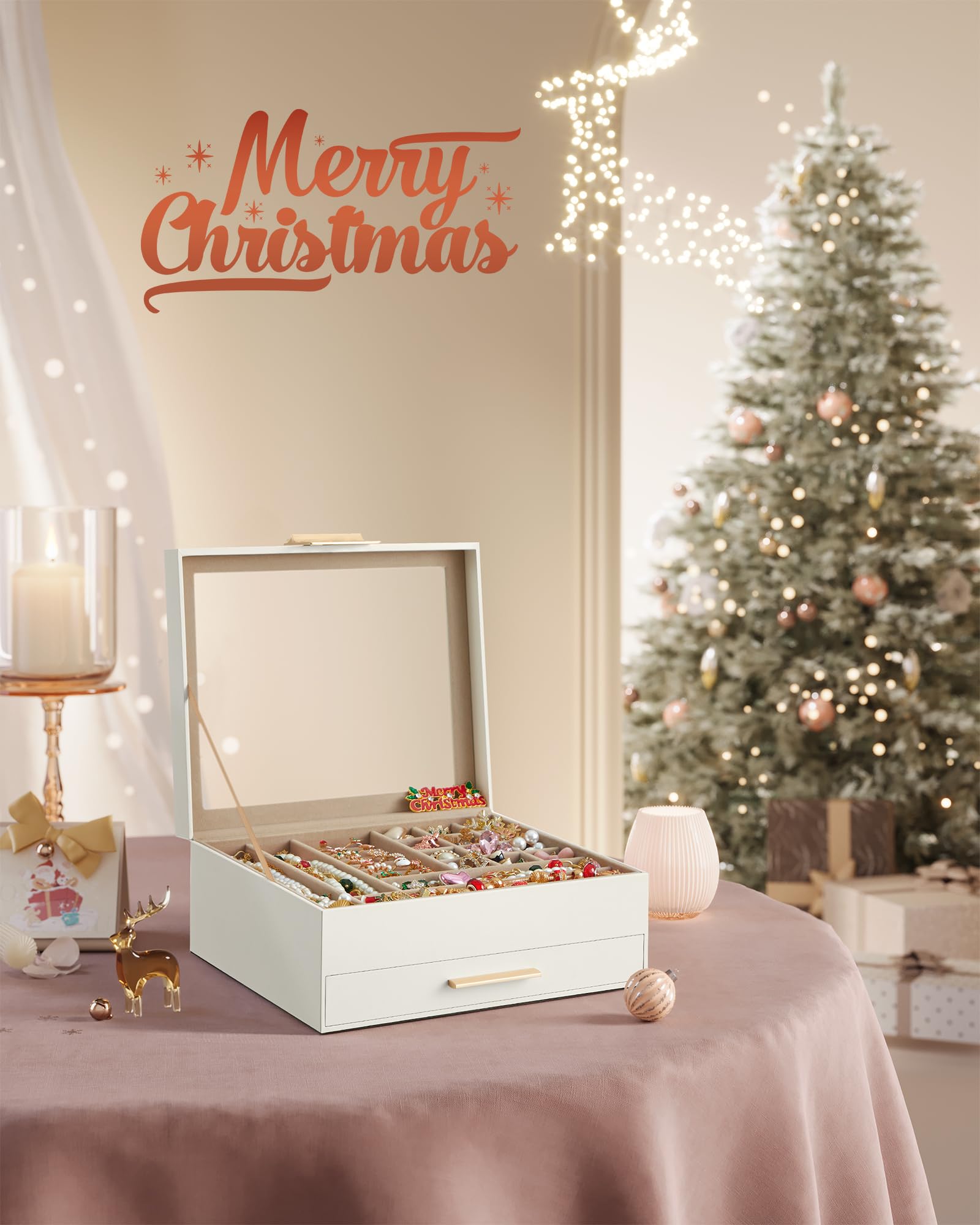 SONGMICS Jewelry Box with Glass Lid, 3-Layer Jewelry Organizer, 2 Drawers, for Big and Small Jewelry, Jewelry Storage, Modern Style, 8 x 9.1 x 5.3 Inches, Cloud White and Gold Color UJBC239WT